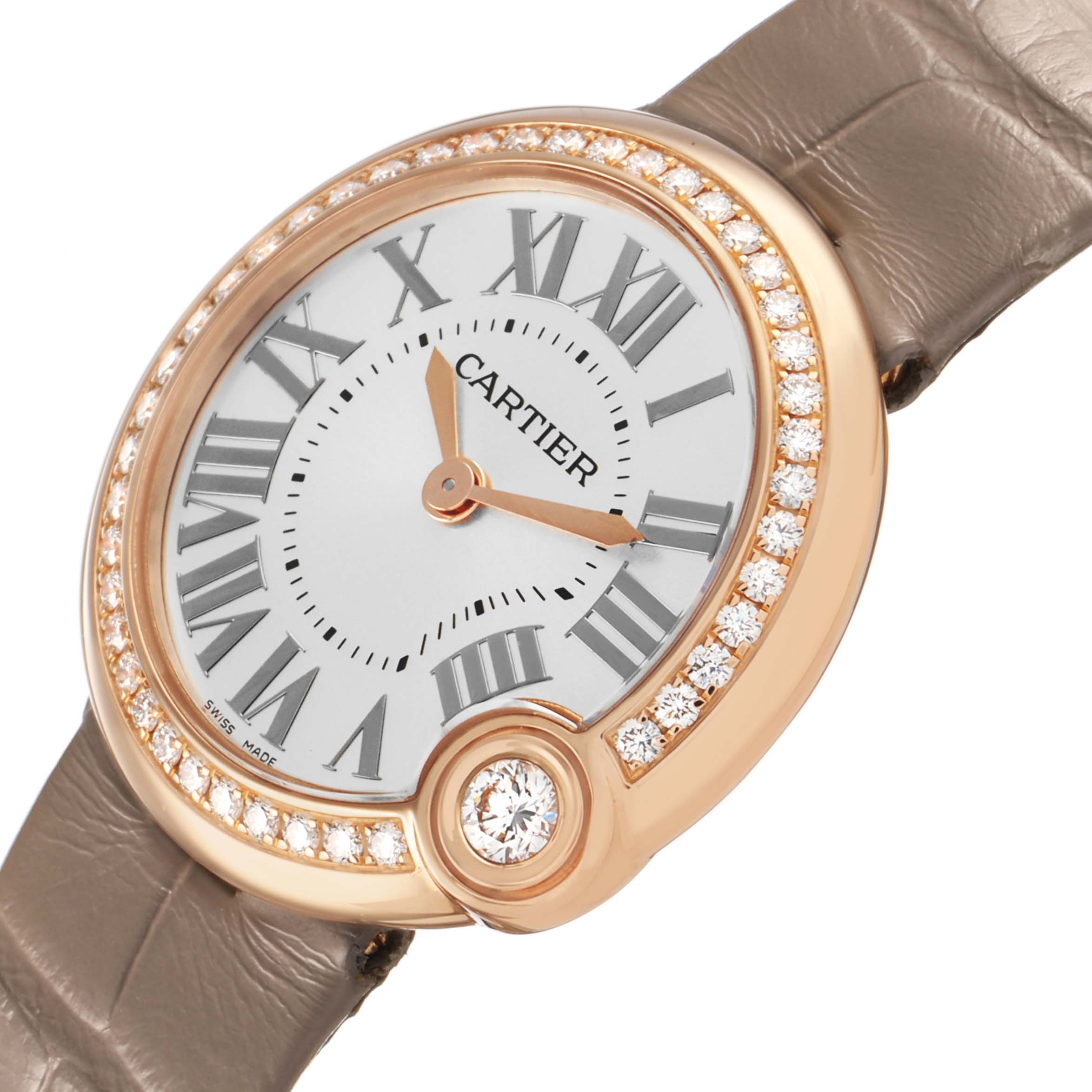 The image shows a Cartier Ballon Blanc WJBL0012 Women's Rose Gold Silver Dial watch at a slight angle, highlighting its diamond-set bezel and leather strap.