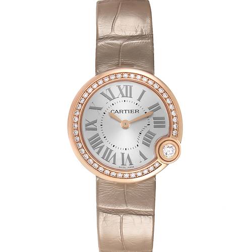 The Cartier Ballon Blanc WJBL0012 Women's Rose Gold Silver Dial watch is shown from a top-down angle, highlighting its face, bezel with diamonds, and leather strap.