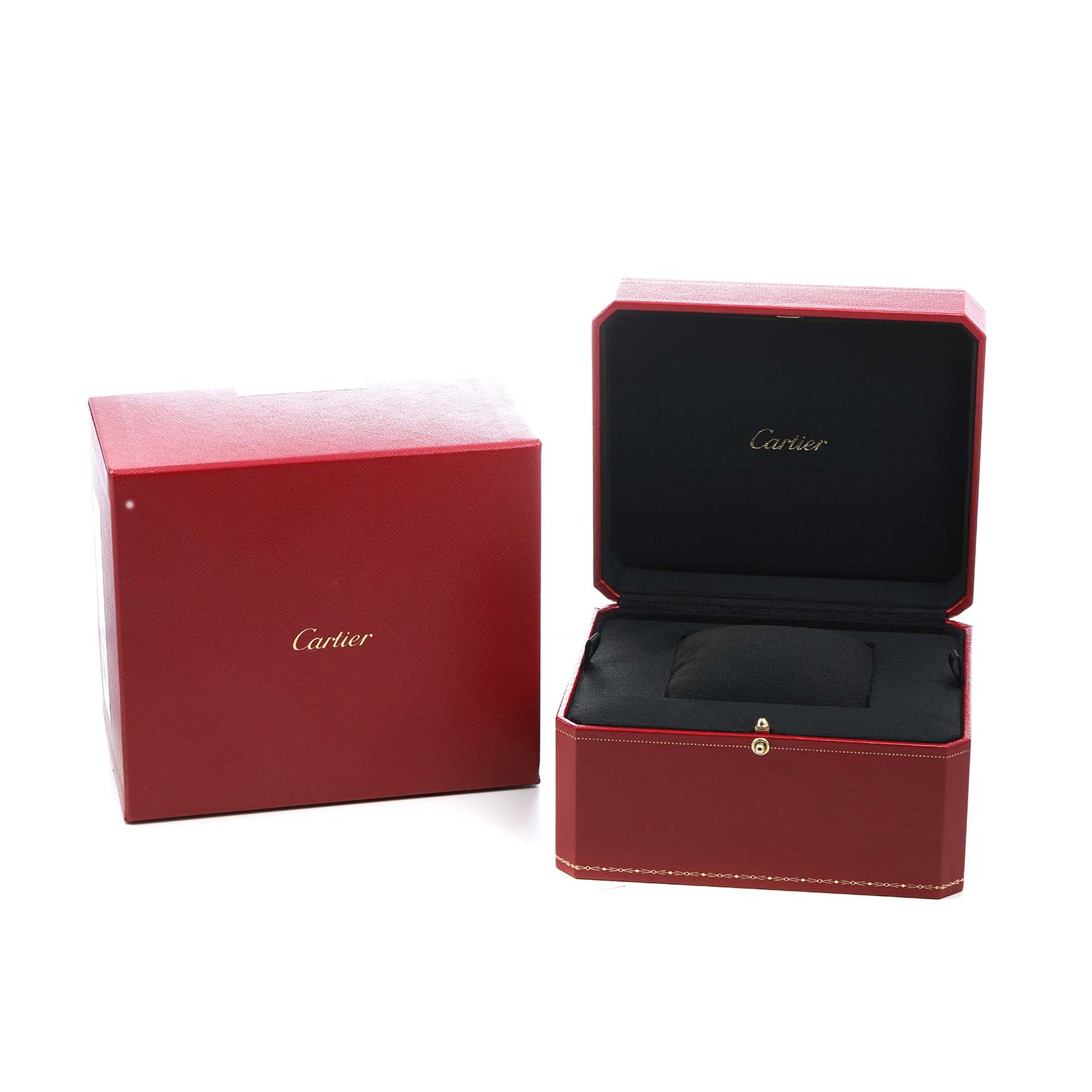 The image shows an open Cartier Ballon Bleu WE900251 Women's Rose Gold Silver Dial watch box and its outer packaging, without the watch.