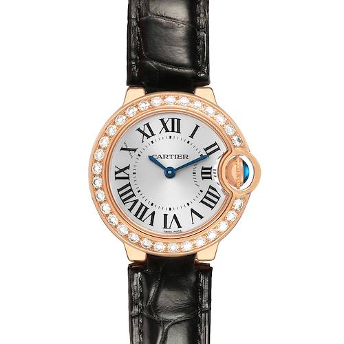 The Cartier Ballon Bleu WE900251 Women's Rose Gold Silver Dial watch is shown from a top view, displaying its round face, diamond-set bezel, Roman numerals, and leather strap.