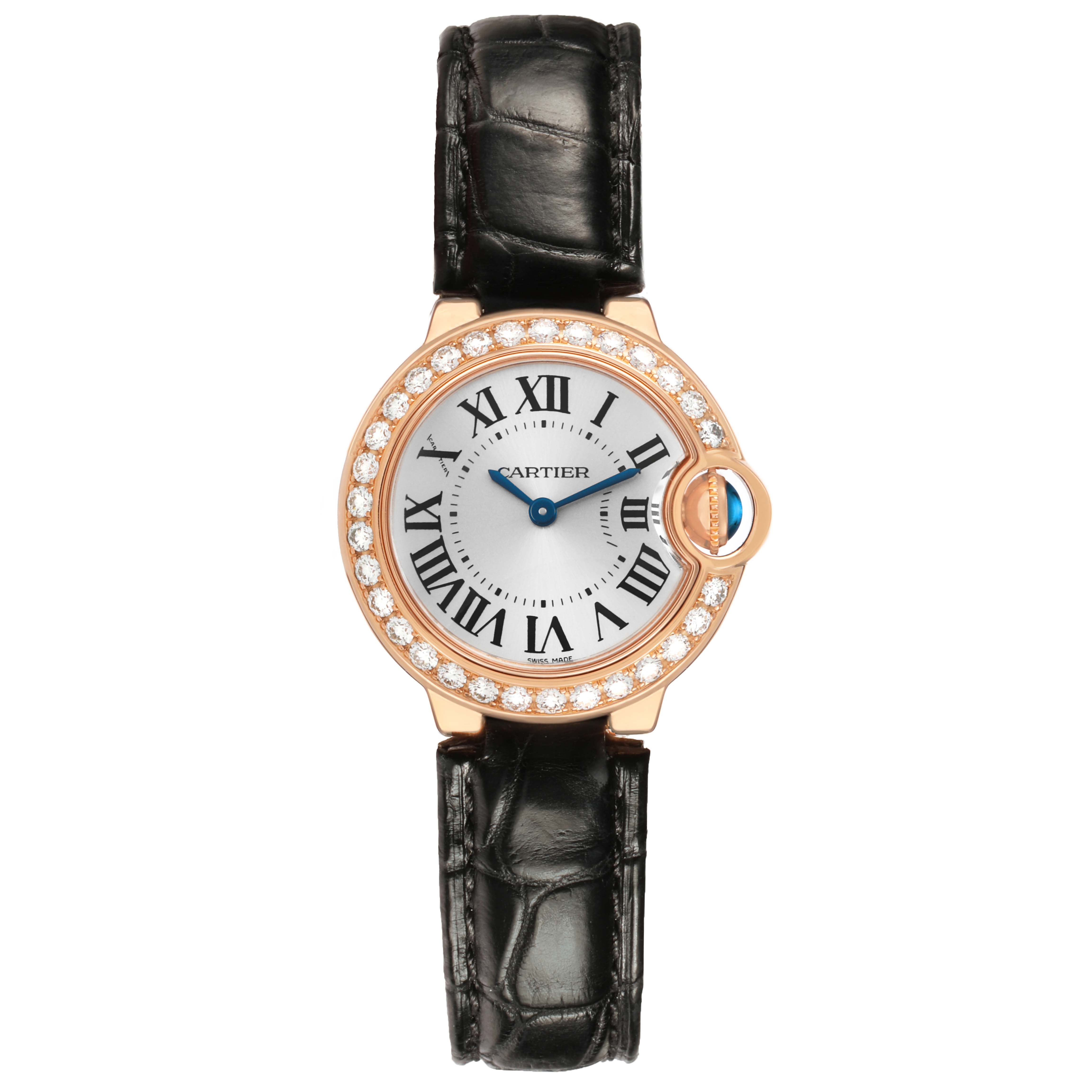 The Cartier Ballon Bleu WE900251 Women's Rose Gold Silver Dial watch is shown from a top-down angle, displaying its face, bezel, and leather strap.