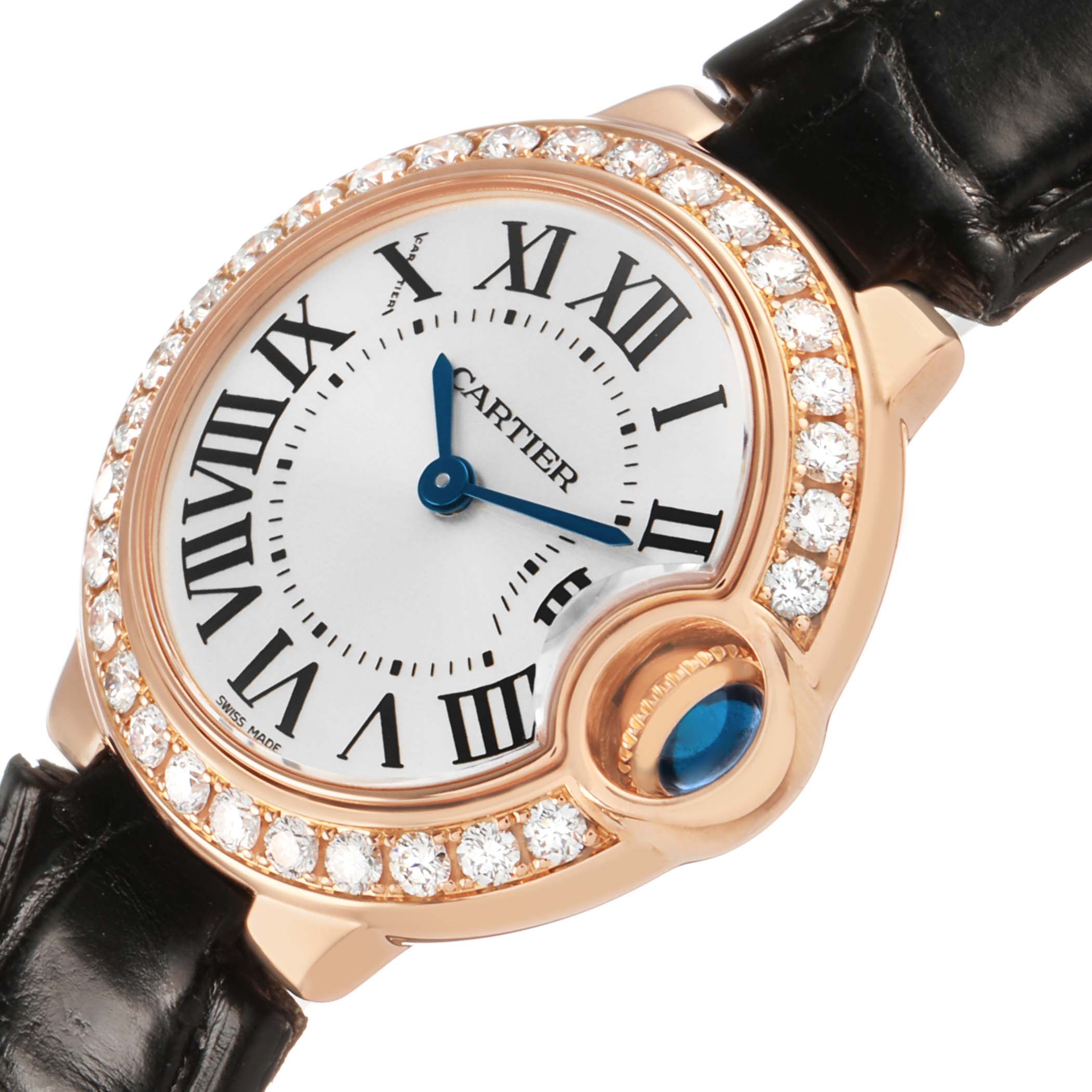 The Cartier Ballon Bleu WE900251 Women's Rose Gold Silver Dial watch is shown from a top angle, highlighting the diamond bezel and Roman numeral dial.