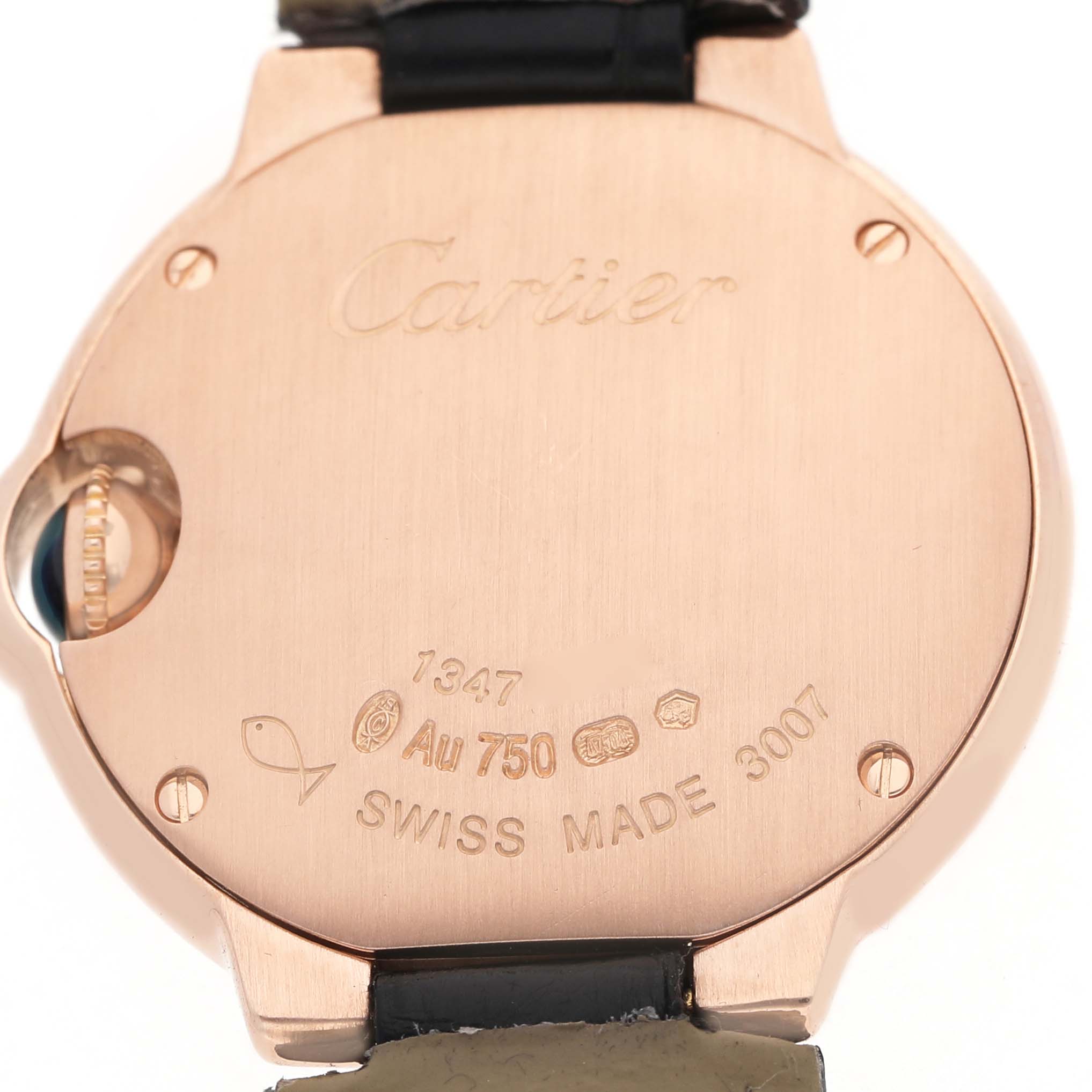 The image shows the back of a Cartier Ballon Bleu WE900251 Women's Rose Gold Silver Dial watch, highlighting the case engravings and strap connection.