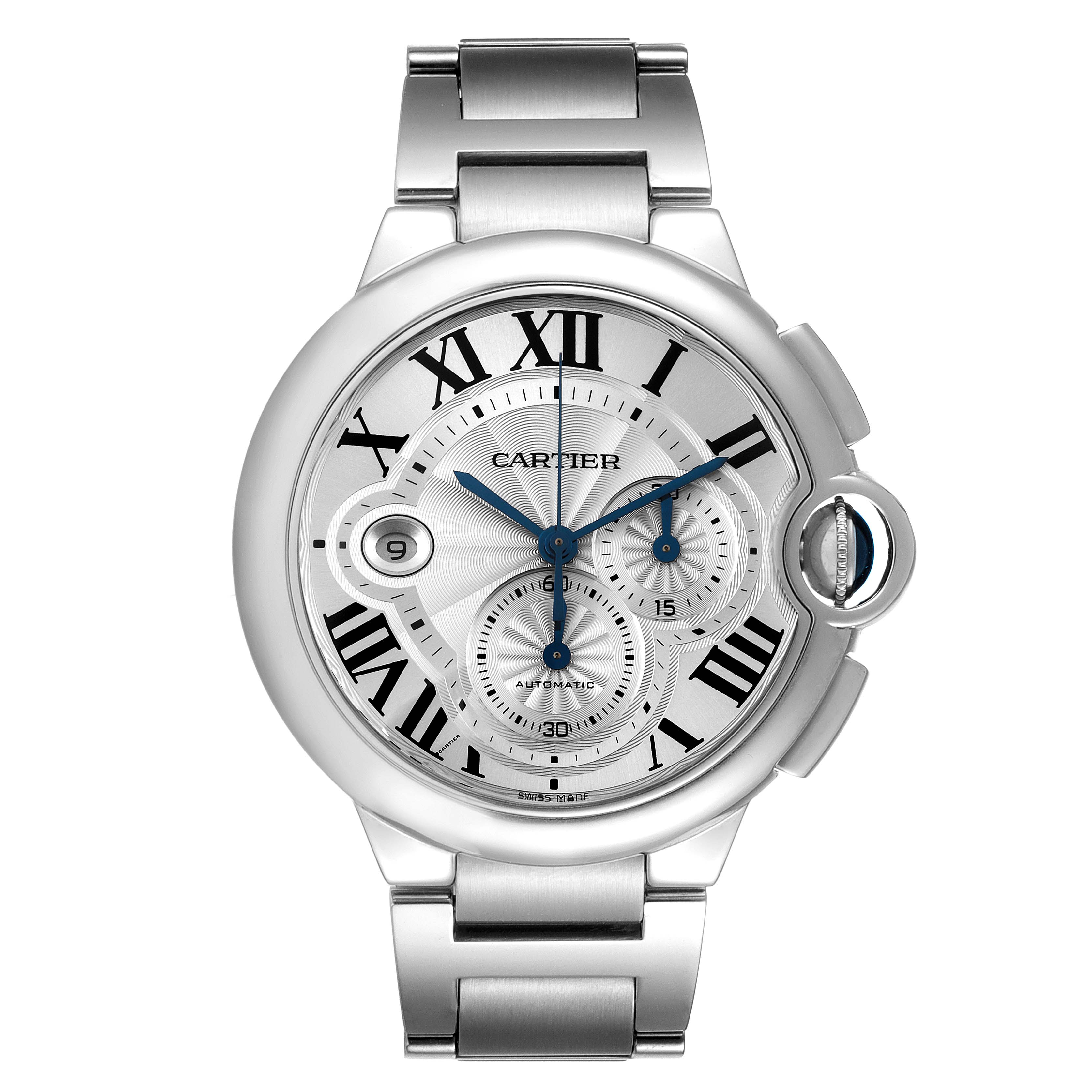 This image shows a front view of the Cartier Ballon Bleu W6920002 Men
s Stainless Steel Silver Dial W6920002 Men
s Stainless Steel Silver Dial watch, highlighting the dial, bracelet, and crown.