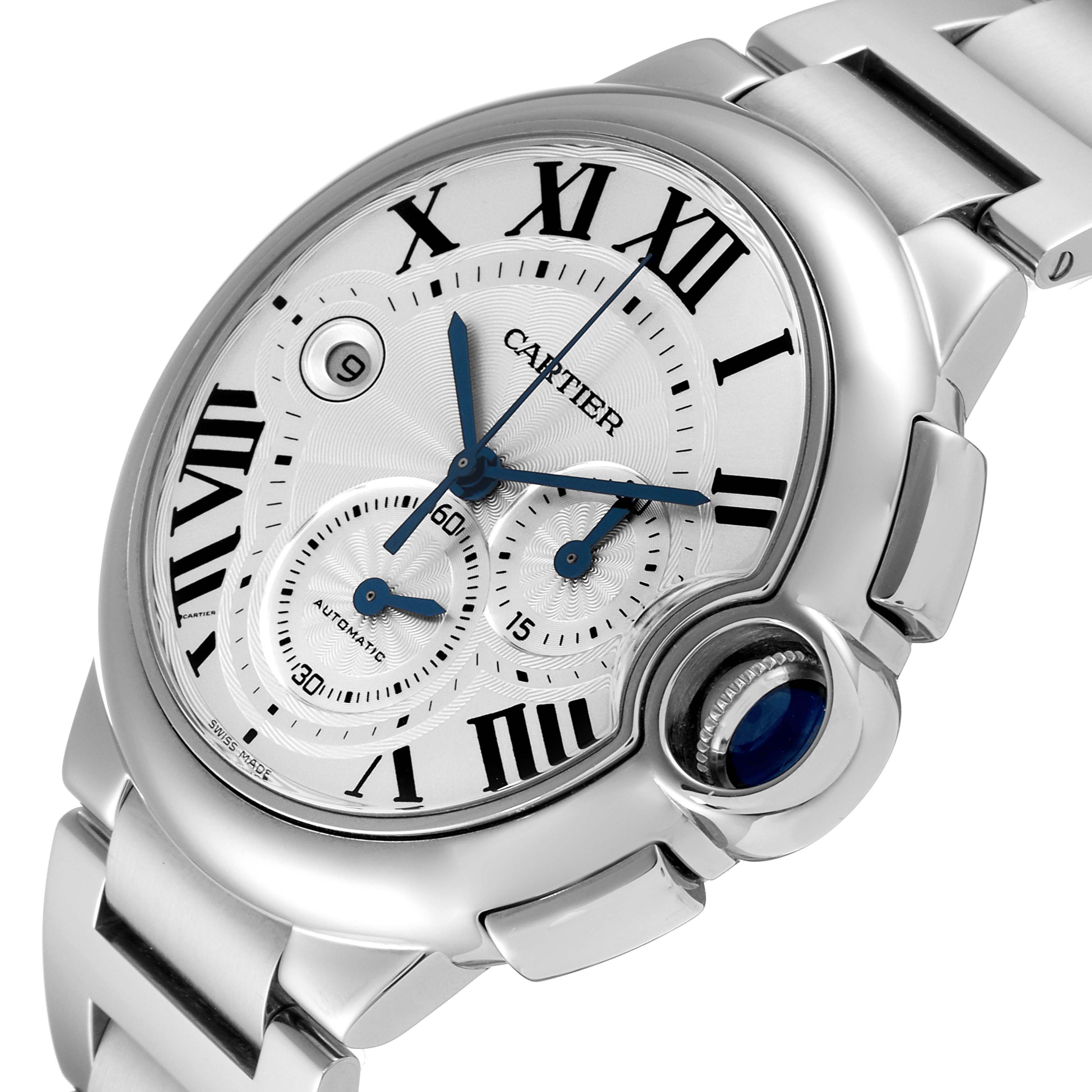 The image shows a Cartier Ballon Bleu W6920002 Men
s Stainless Steel Silver Dial W6920002 Men
s Stainless Steel Silver Dial watch at an angle displaying its face, case, and bracelet.