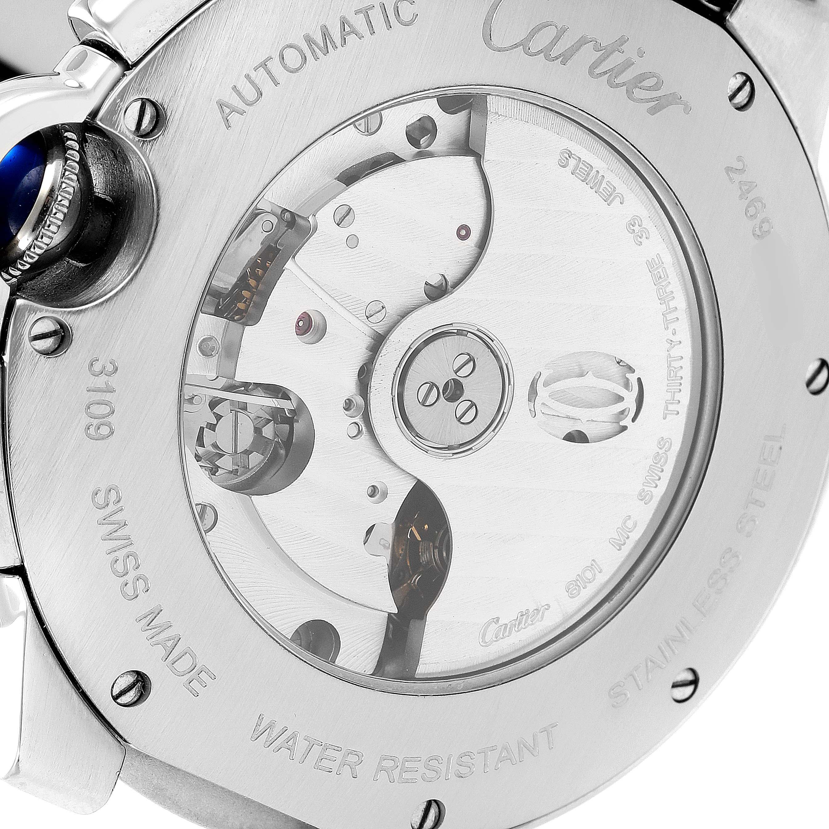 This image shows the back case and internal mechanisms of the Cartier Ballon Bleu W6920002 Men
s Stainless Steel Silver Dial W6920002 Men
s Stainless Steel Silver Dial watch at a close-up angle.