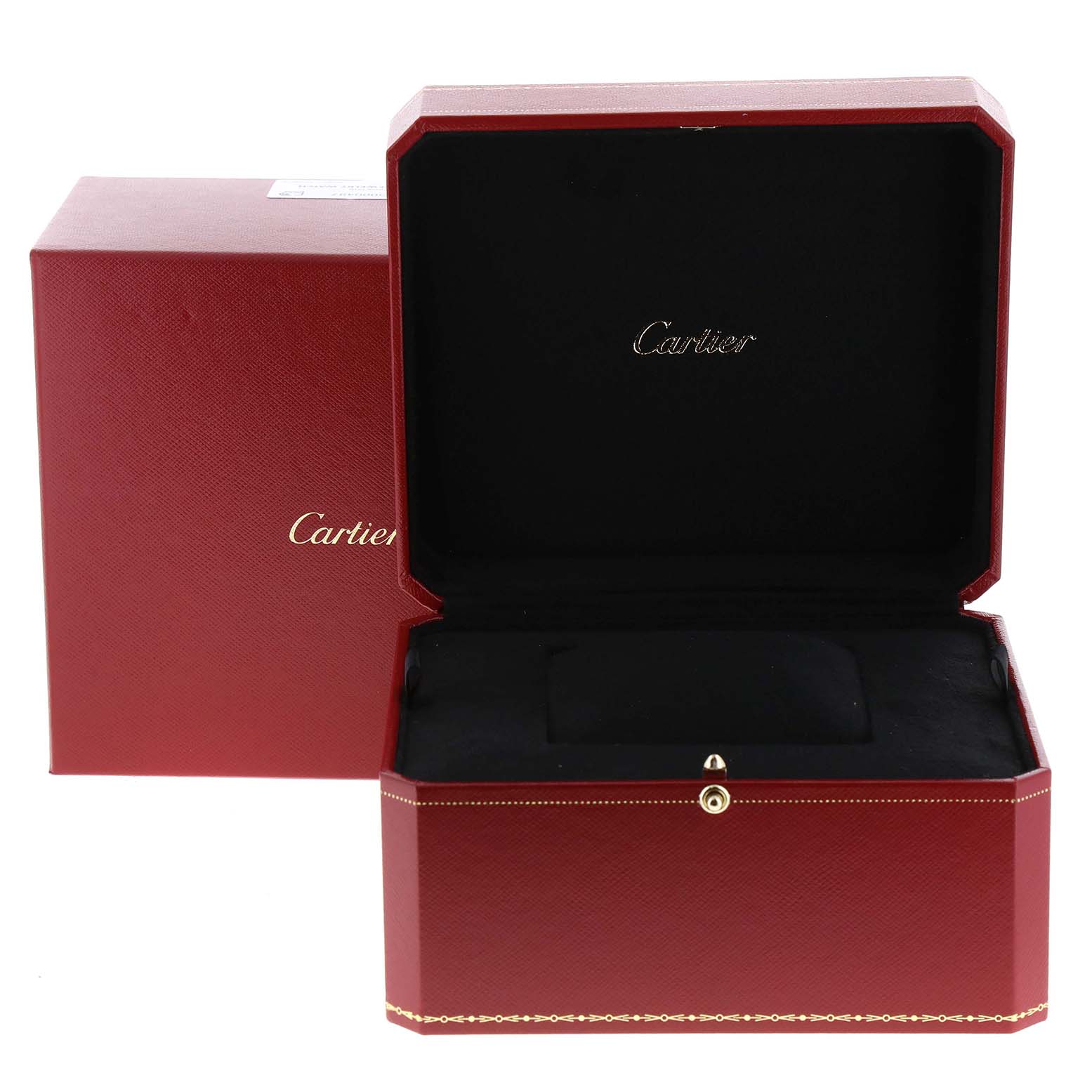 The image shows an open and closed red display box for the Cartier Ballon Bleu W6920002 Men
s Stainless Steel Silver Dial W6920002 Men
s Stainless Steel Silver Dial model with the Cartier logo visible inside.