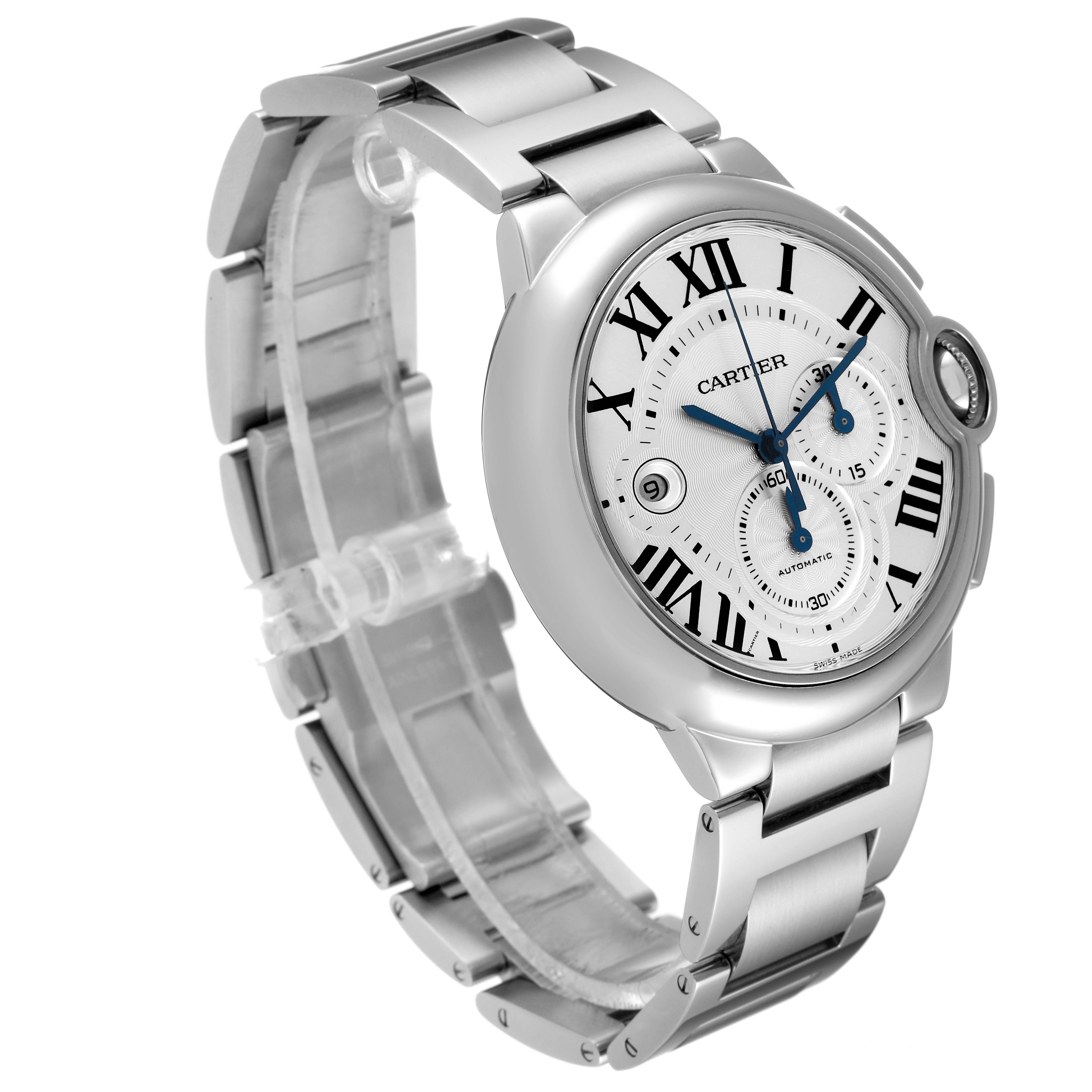 The image shows a Cartier Ballon Bleu W6920002 Men
s Stainless Steel Silver Dial W6920002 Men
s Stainless Steel Silver Dial model watch from a side angle, highlighting its face and metal bracelet.