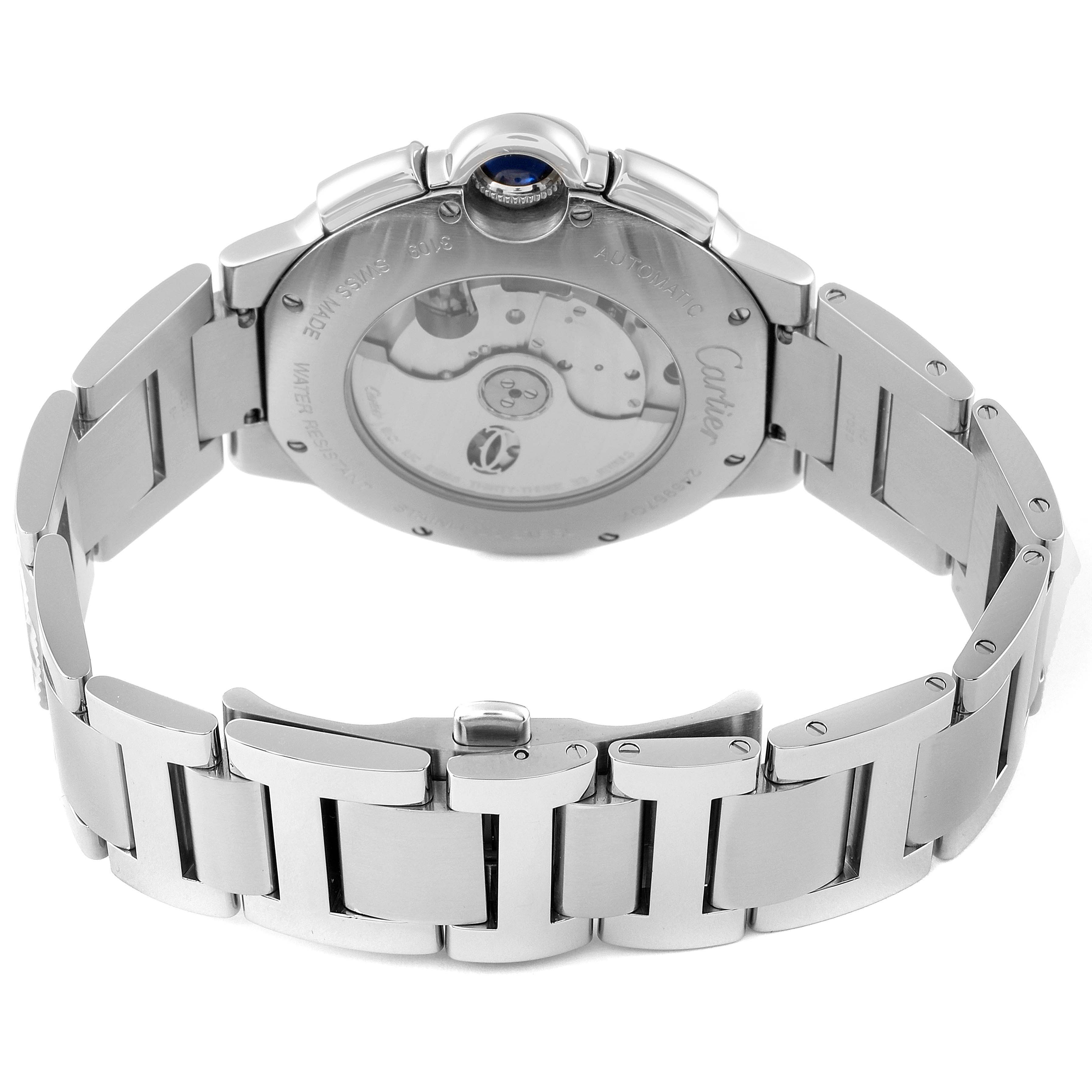 The image shows the back view of a Cartier Ballon Bleu W6920002 Men
s Stainless Steel Silver Dial W6920002 Men
s Stainless Steel Silver Dial watch, highlighting the transparent case back and the stainless steel bracelet.