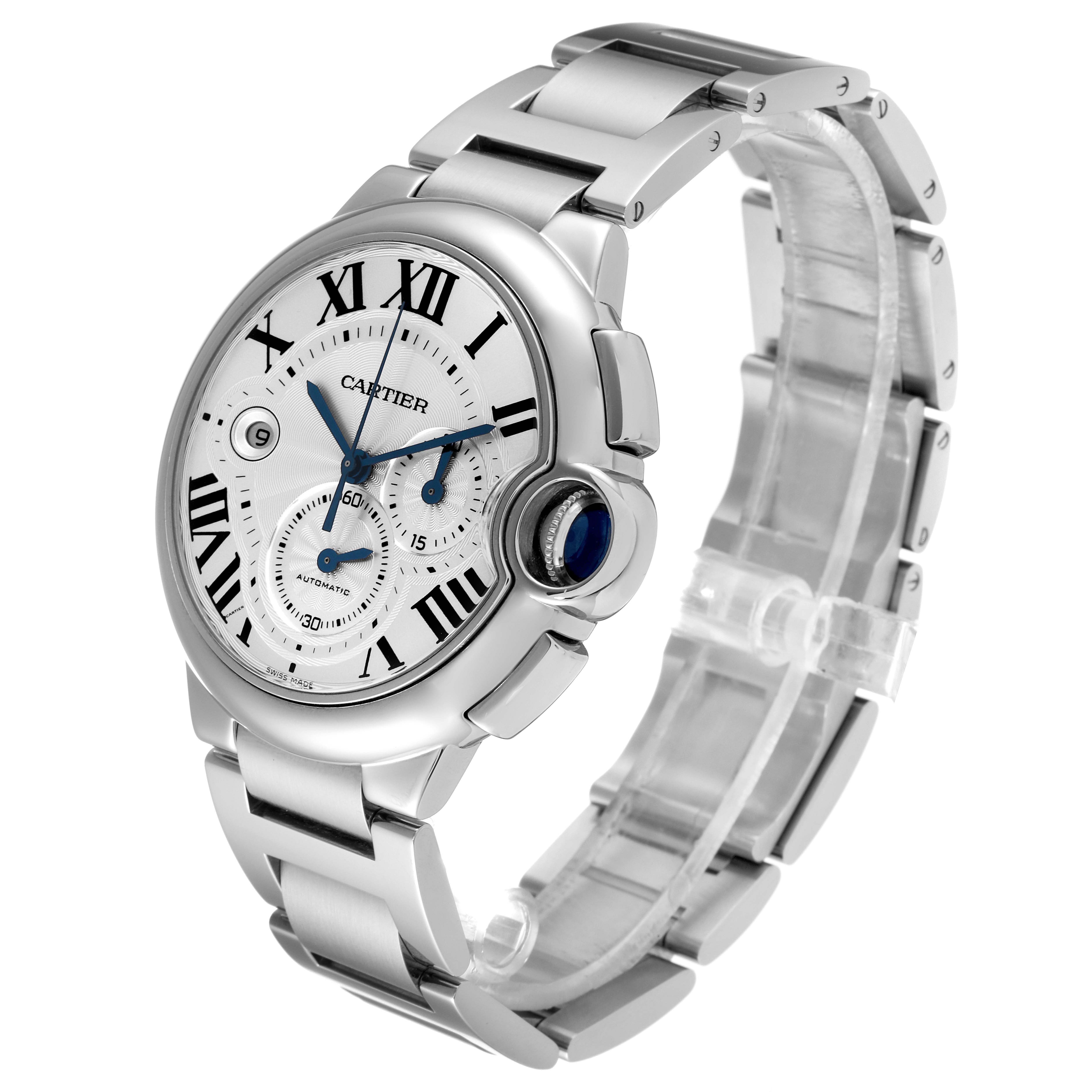 The image shows a Cartier Ballon Bleu W6920002 Men
s Stainless Steel Silver Dial W6920002 Men
s Stainless Steel Silver Dial watch angled to display the face, crown, and part of the bracelet.