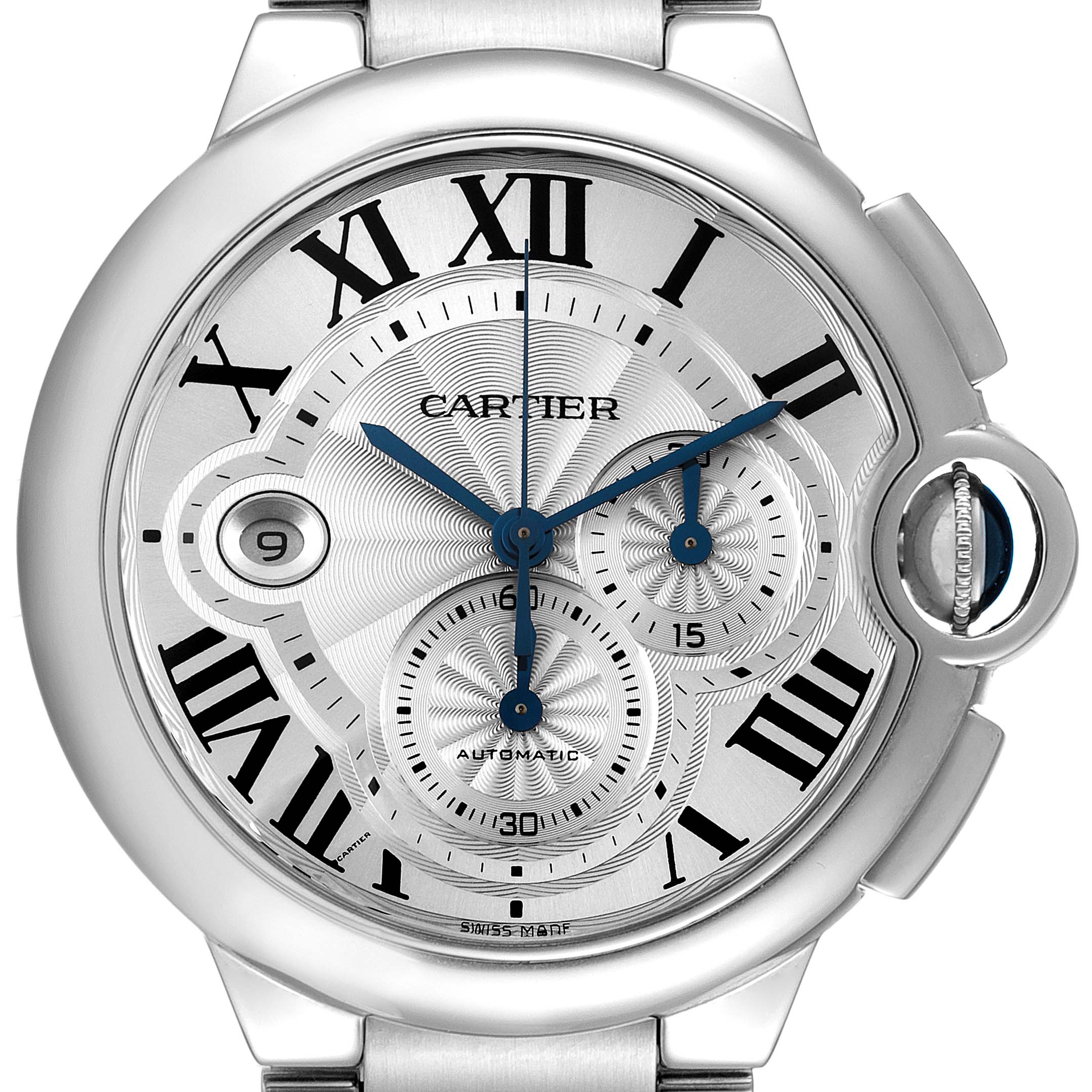 The image shows a frontal view of the Cartier Ballon Bleu W6920002 Men
s Stainless Steel Silver Dial W6920002 Men
s Stainless Steel Silver Dial watch, highlighting the dial, Roman numerals, and blue hands.
