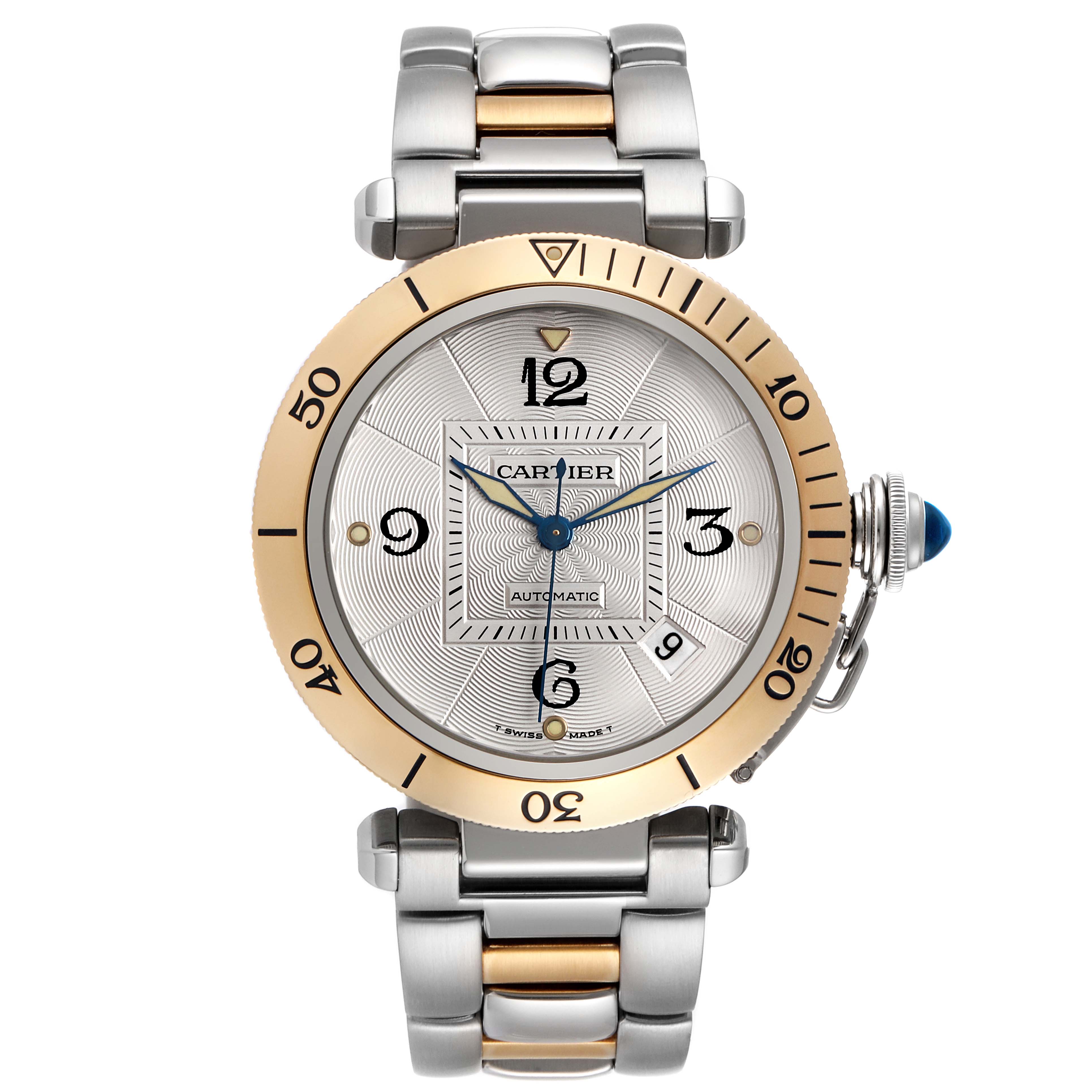 The Cartier Pasha W31035T6 Men's Steel and Gold (two tone) Silver Dial W31035T6 Men's Steel and Gold (two tone) Silver Dial watch is shown from the front, displaying its dial, bezel, crown, and part of the bracelet.