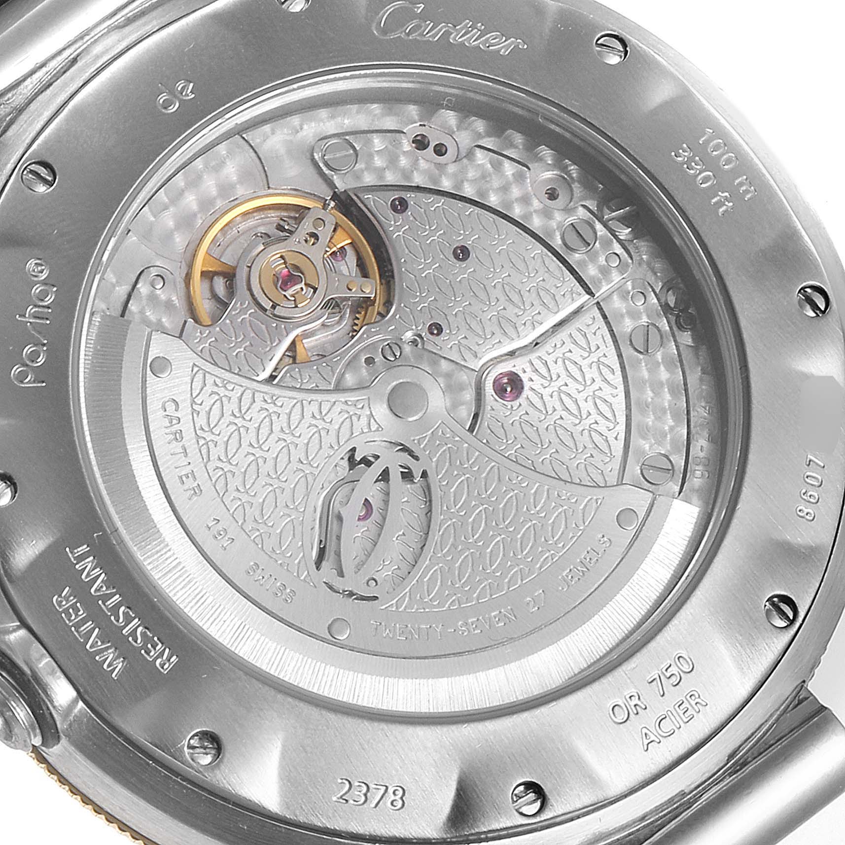 This image shows the intricate back view of a Cartier Pasha W31035T6 Men's Steel and Gold (two tone) Silver Dial W31035T6 Men's Steel and Gold (two tone) Silver Dial watch, revealing its movement and internal mechanisms.