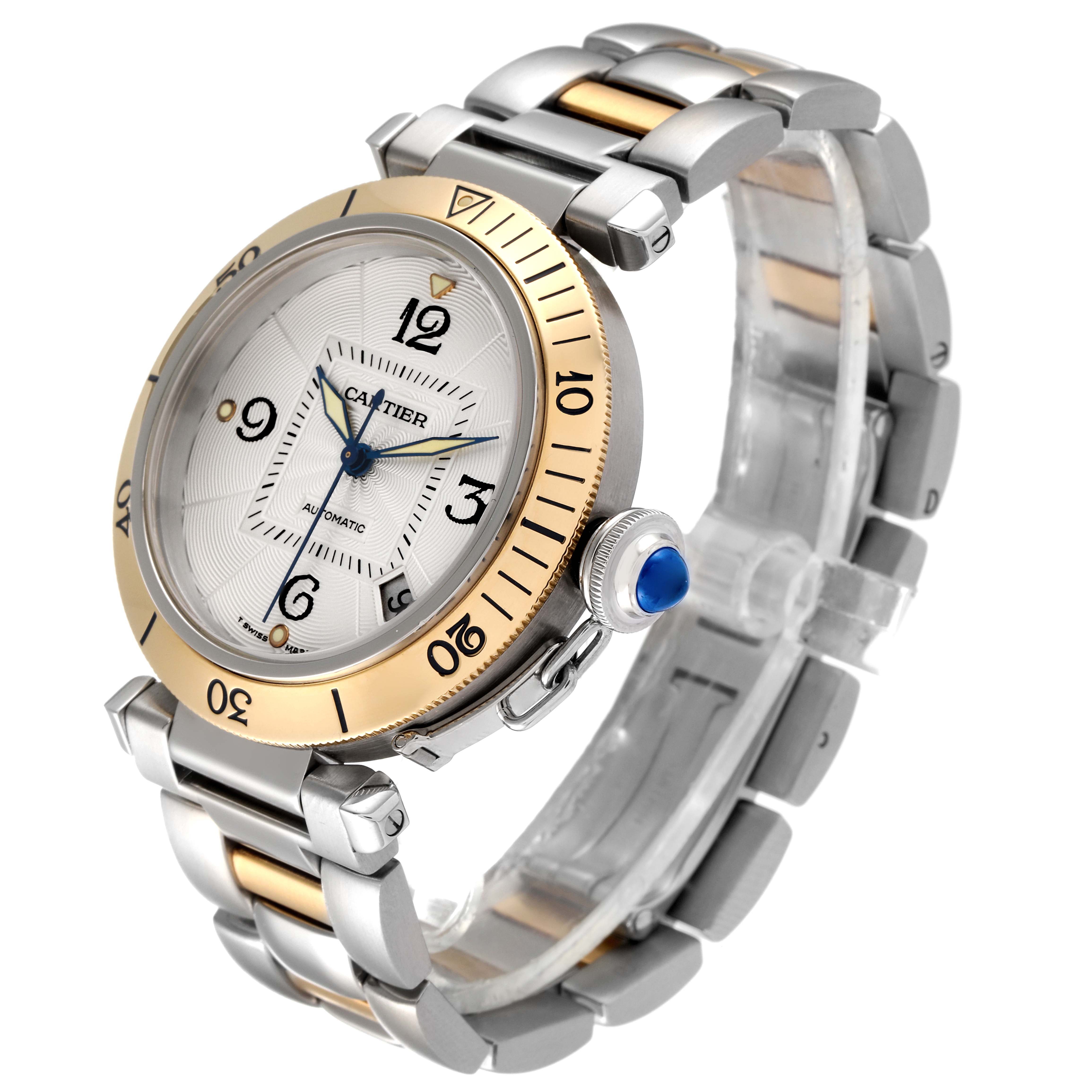 The Cartier Pasha W31035T6 Men's Steel and Gold (two tone) Silver Dial W31035T6 Men's Steel and Gold (two tone) Silver Dial watch is shown at an angle displaying its dial, bezel, crown, and bracelet.