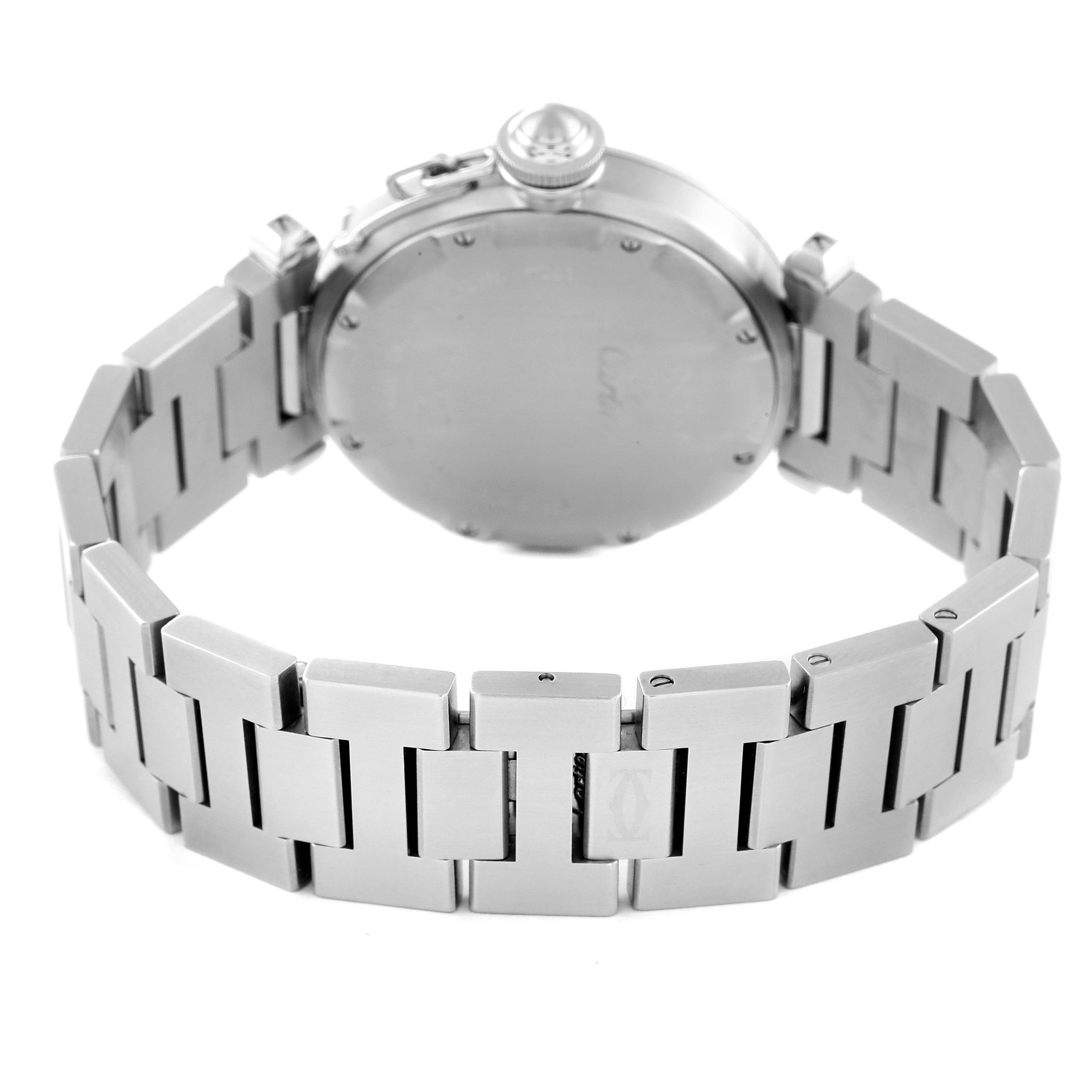 The image shows the back view of a Cartier Pasha W31074M7 Men's Stainless Steel White Dial W31074M7 Men's Stainless Steel White Dial watch, including the case back and stainless steel bracelet.