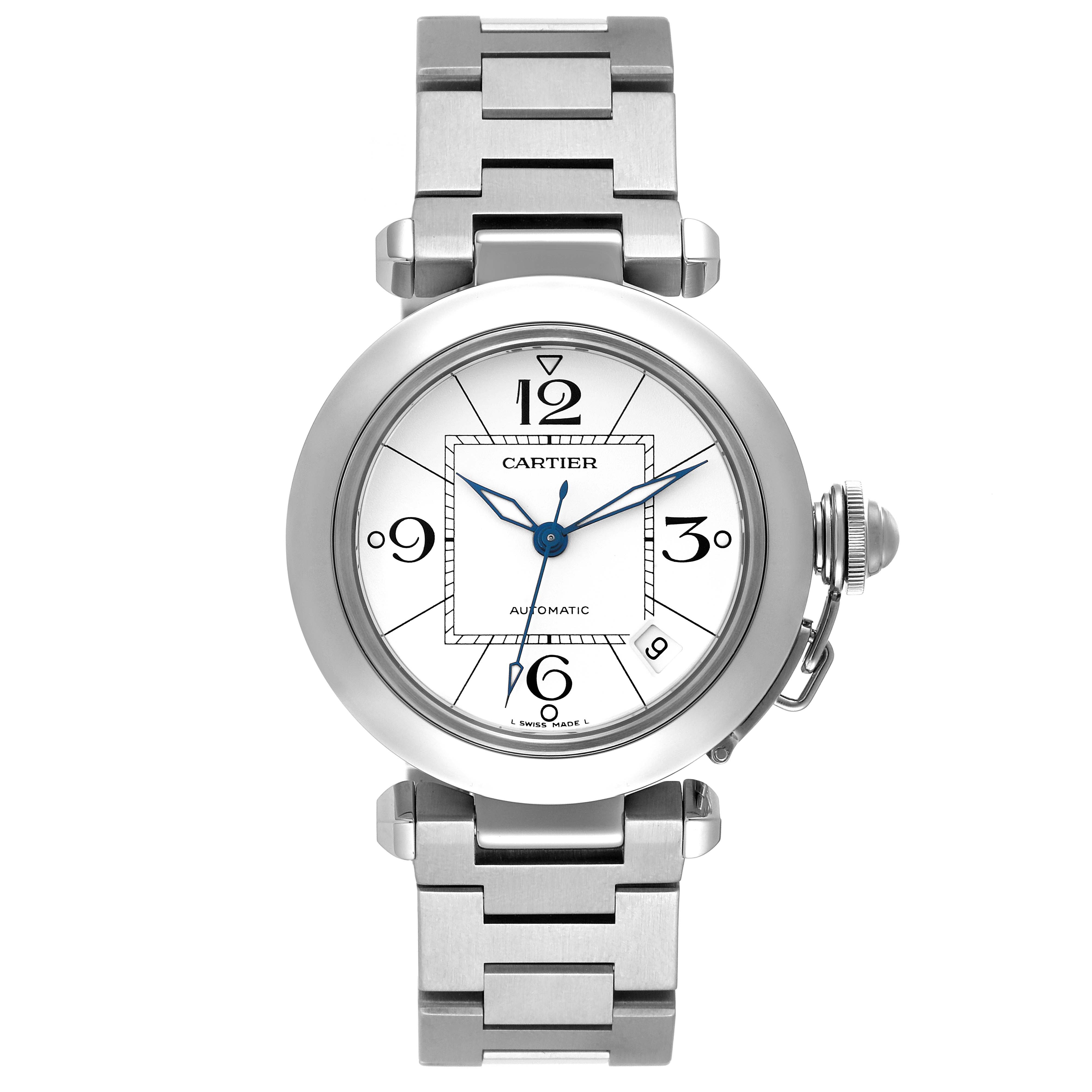 The Cartier Pasha W31074M7 Men's Stainless Steel White Dial W31074M7 Men's Stainless Steel White Dial watch is depicted from a top-down angle, showcasing its face, bezel, crown, and part of its bracelet.