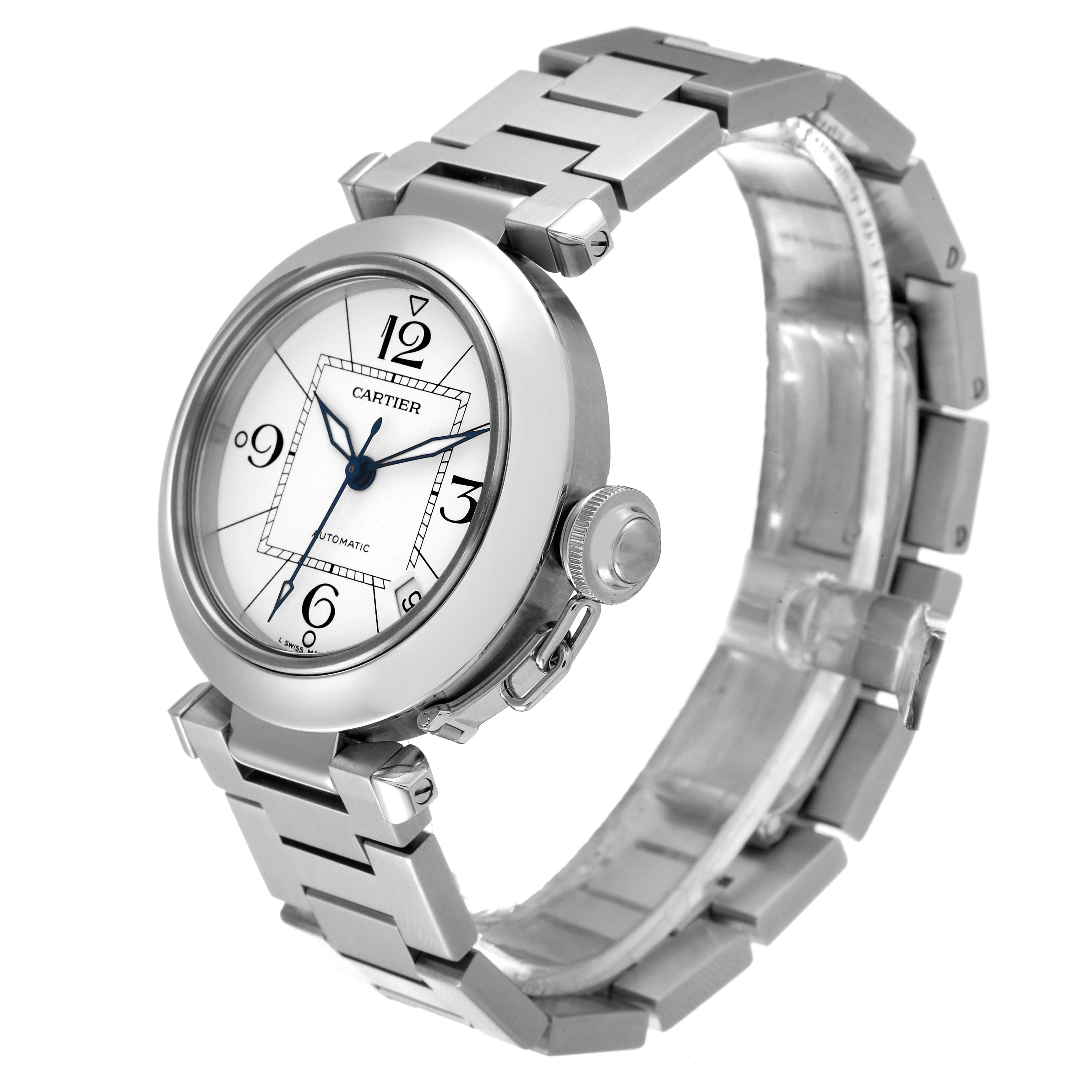 The image shows a Cartier Pasha W31074M7 Men's Stainless Steel White Dial W31074M7 Men's Stainless Steel White Dial watch at a three-quarter angle, highlighting its face, bezel, crown, and bracelet.