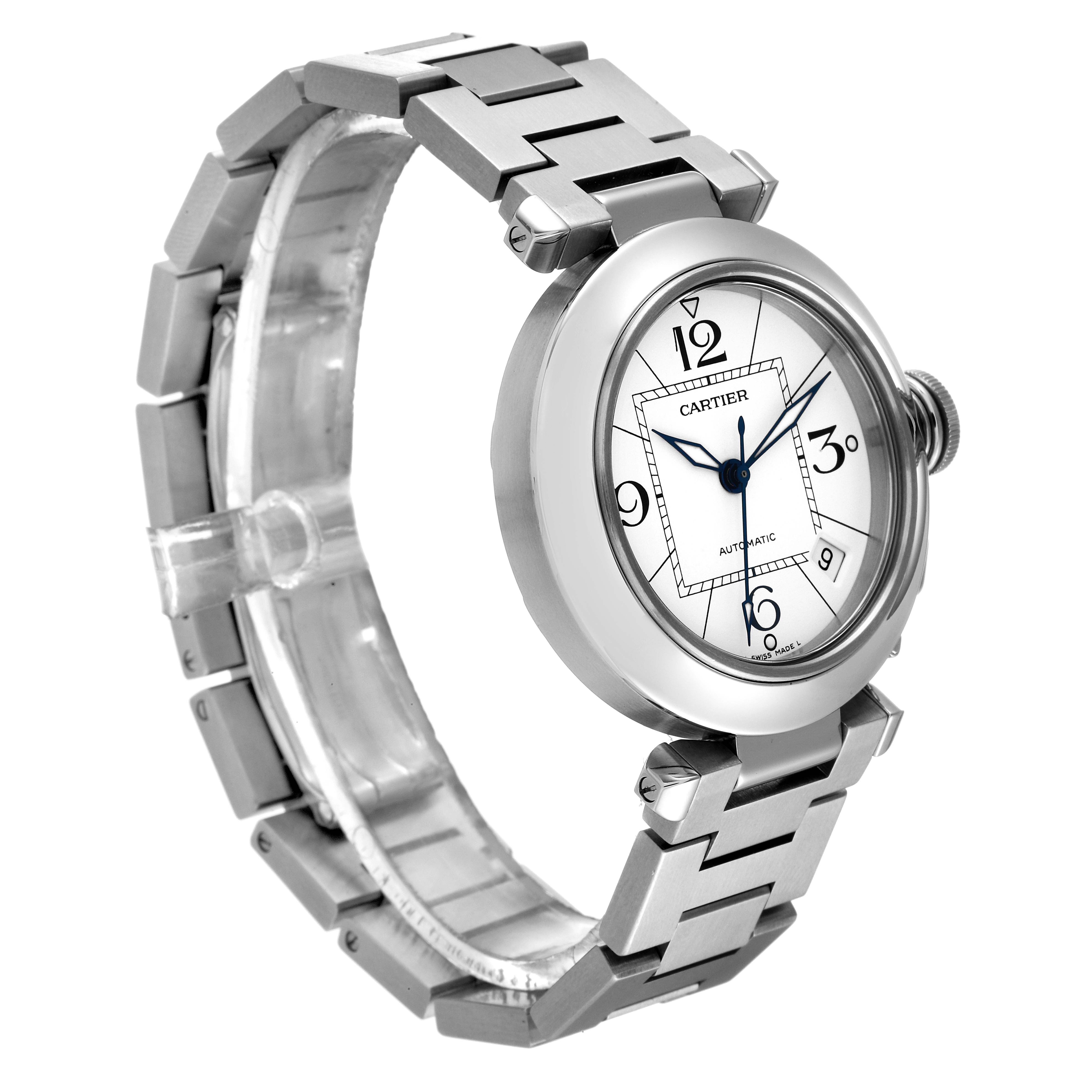 The image shows a Cartier Pasha W31074M7 Men's Stainless Steel White Dial W31074M7 Men's Stainless Steel White Dial watch, showcasing its dial, bracelet, and crown from a side angle.