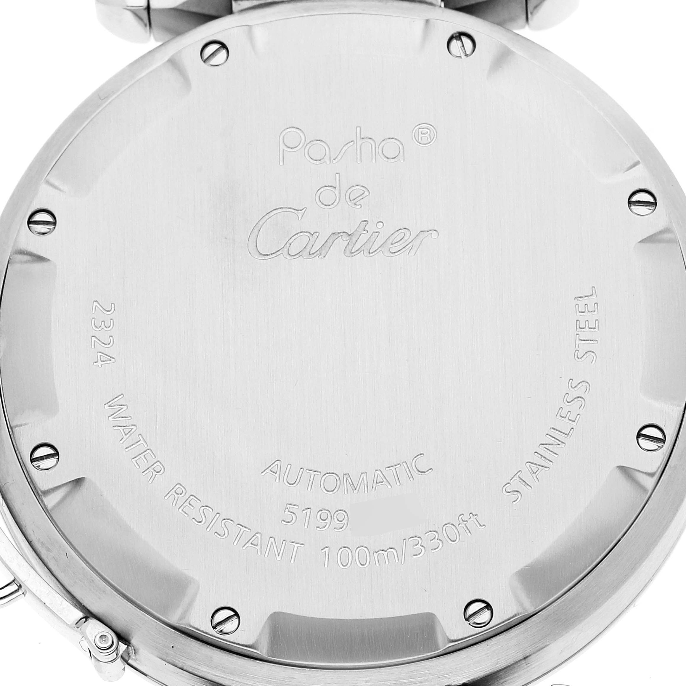 This image shows the back case of a Cartier Pasha W31074M7 Men's Stainless Steel White Dial W31074M7 Men's Stainless Steel White Dial model watch, displaying engraved details such as water resistance and material.