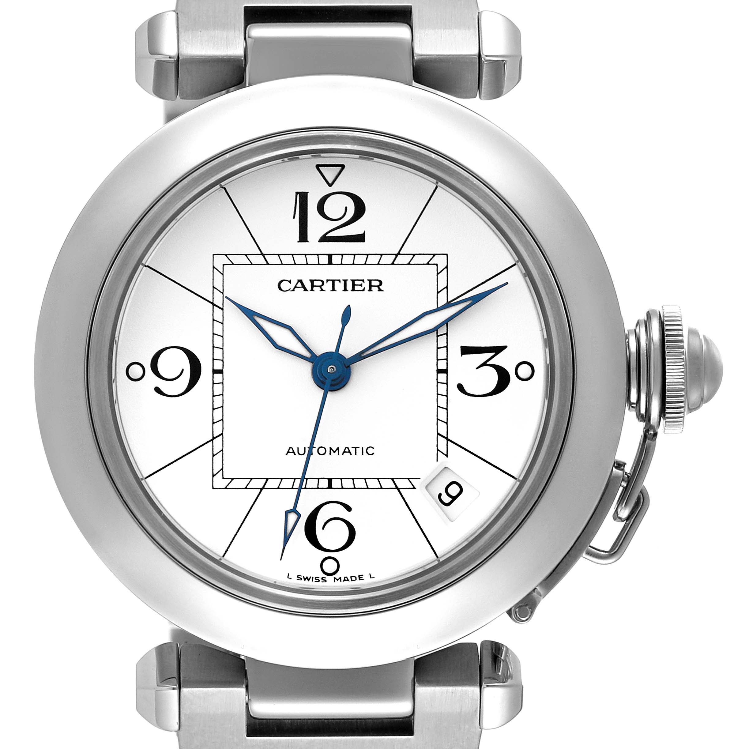 The image shows the Cartier Pasha W31074M7 Men's Stainless Steel White Dial W31074M7 Men's Stainless Steel White Dial watch face, featuring its dial, hands, crown, date window, and part of its bracelet from a front view.