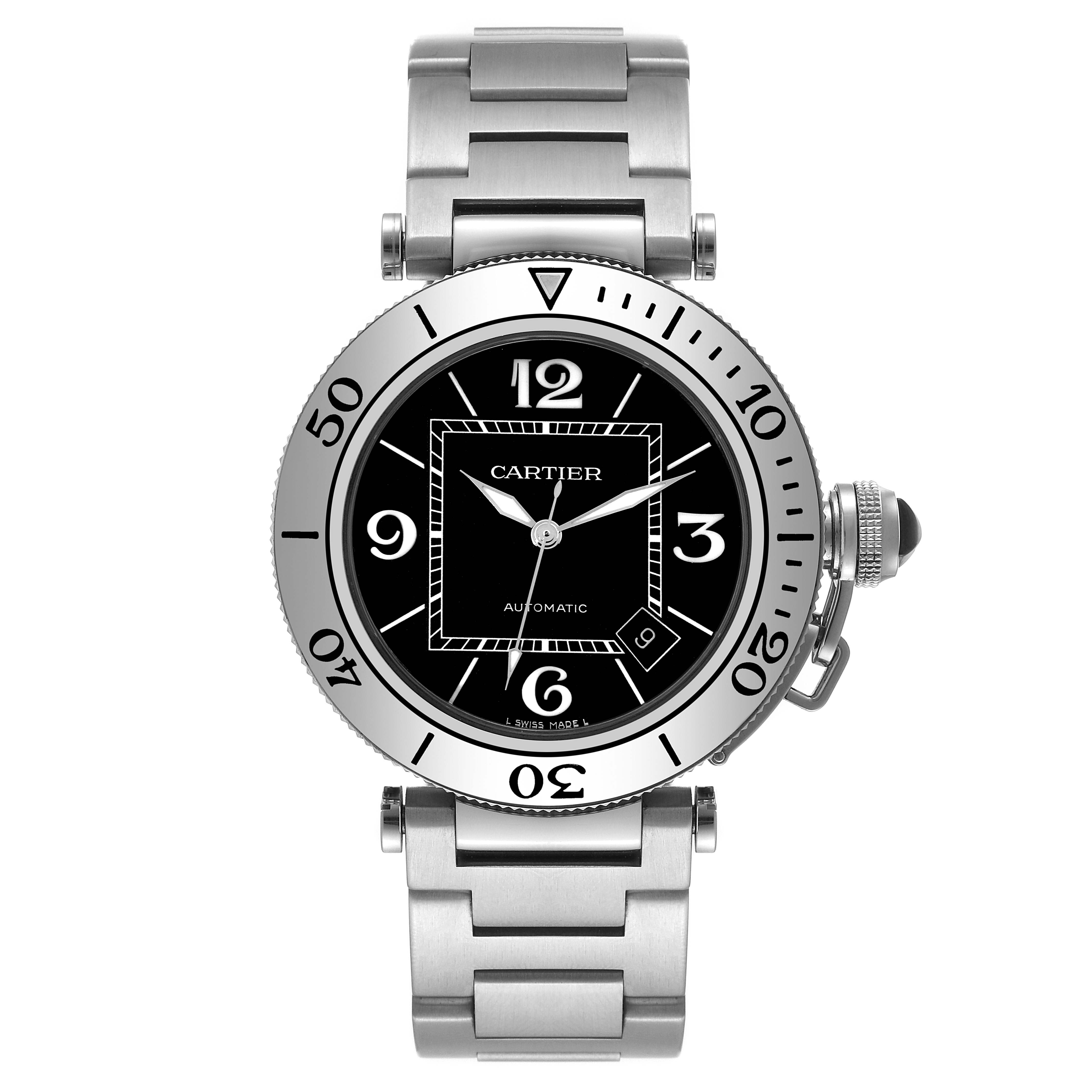 The image shows a front view of a Cartier Pasha W31077M7 Men's Stainless Steel Black Dial W31077M7 Men's Stainless Steel Black Dial model watch with its stainless steel bracelet and black dial.