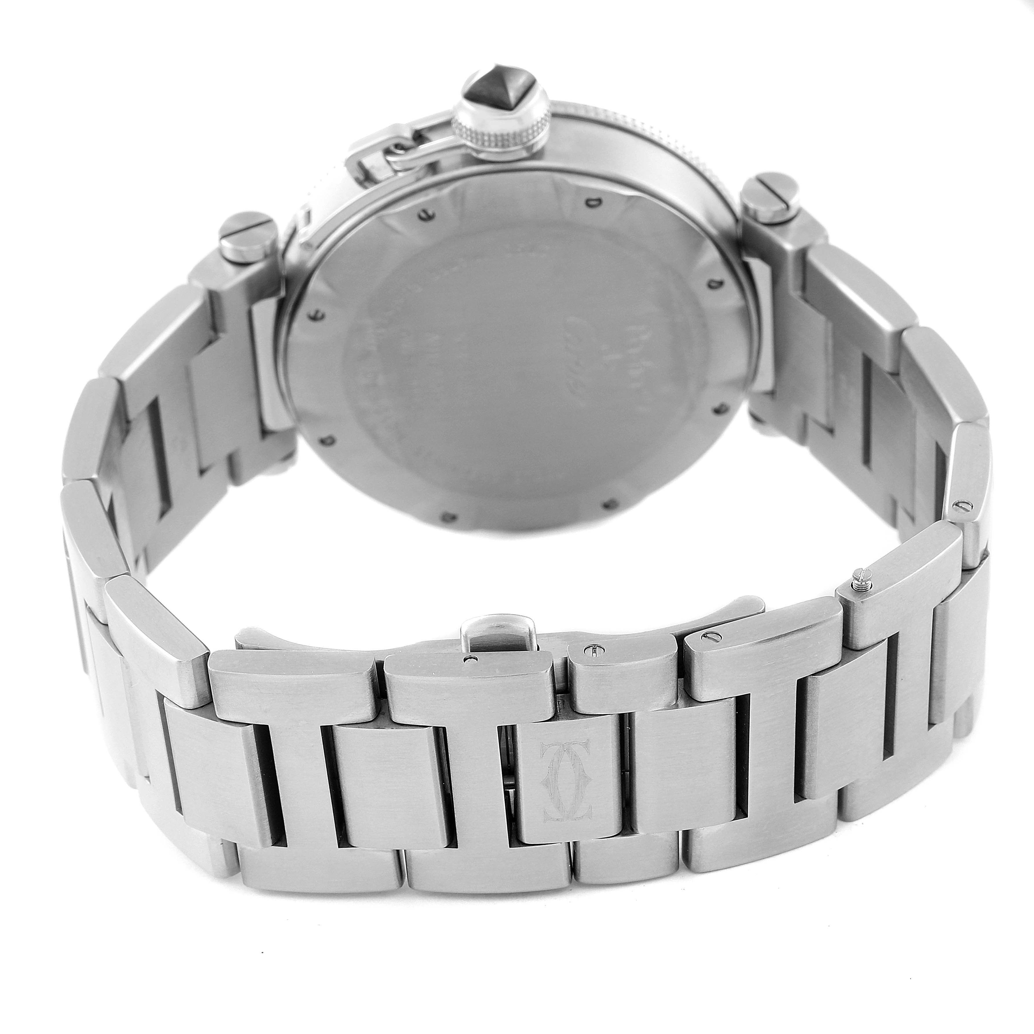 This image displays the back case and bracelet of a Cartier Pasha W31077M7 Men's Stainless Steel Black Dial W31077M7 Men's Stainless Steel Black Dial watch, emphasizing the clasp and crown.