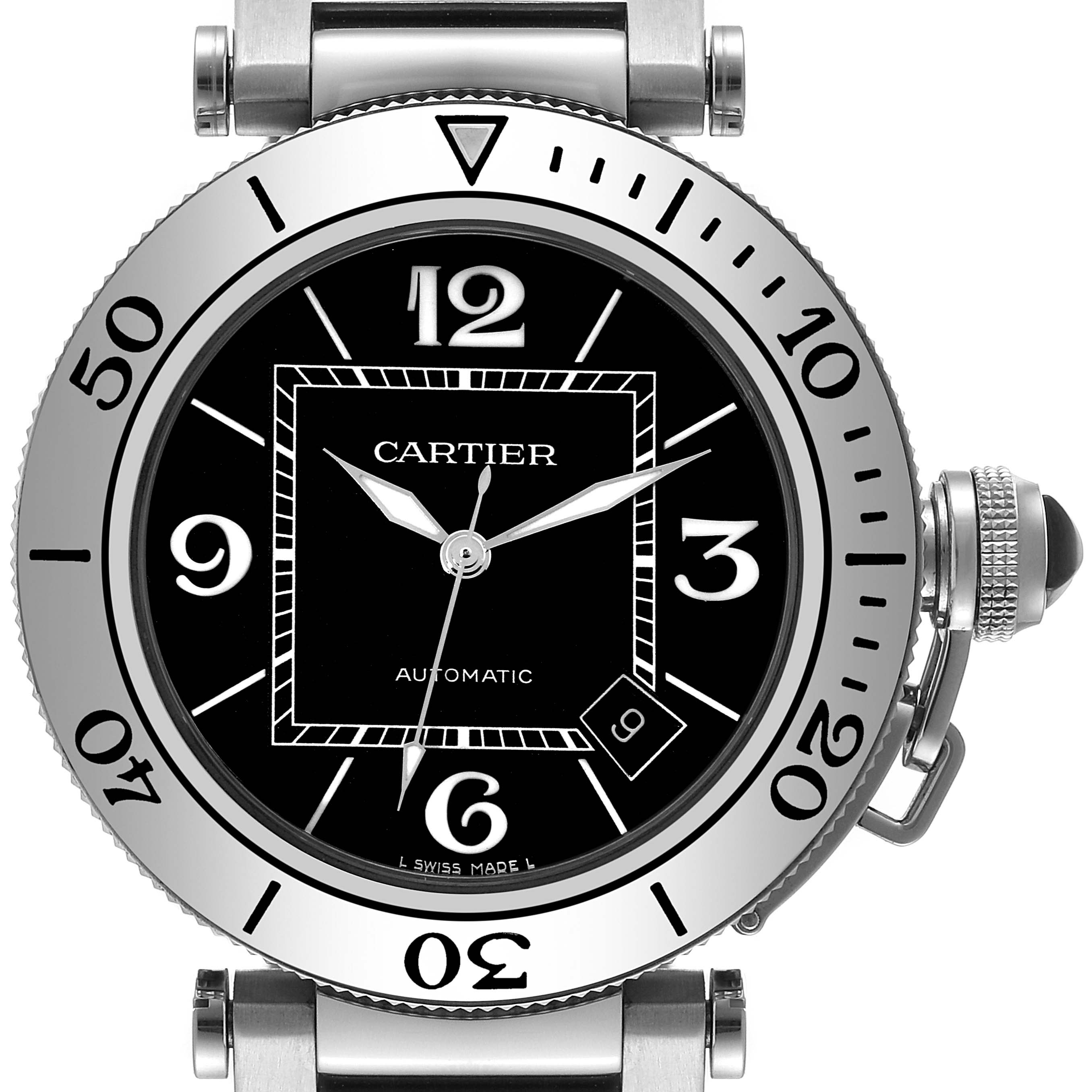 The image shows a front view of the Cartier Pasha W31077M7 Men's Stainless Steel Black Dial W31077M7 Men's Stainless Steel Black Dial model watch, displaying its face, bezel, and crown.