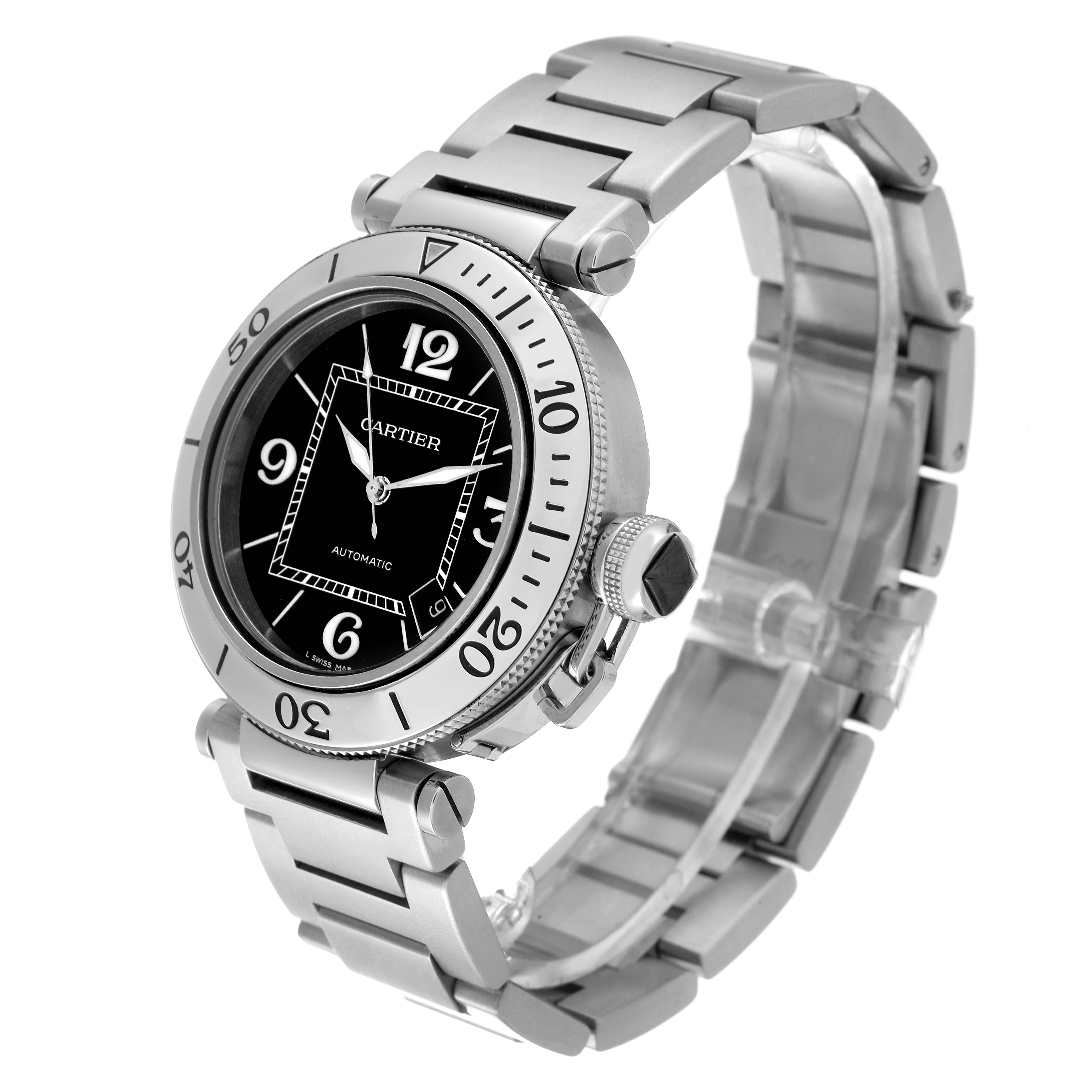 The image shows a Cartier Pasha W31077M7 Men's Stainless Steel Black Dial W31077M7 Men's Stainless Steel Black Dial model watch at an angled side view, highlighting the bezel, dial, bracelet, and crown.