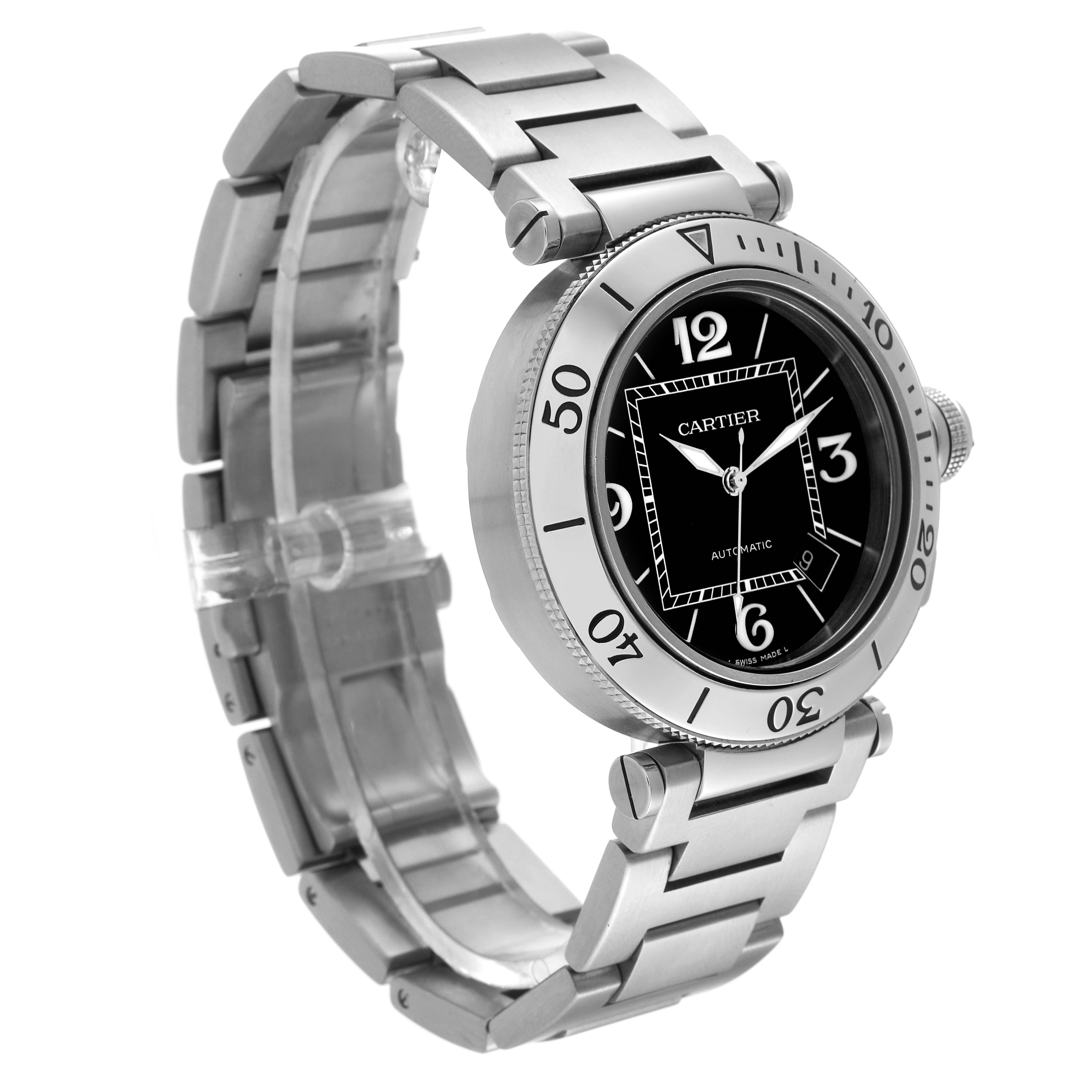 The Cartier Pasha W31077M7 Men's Stainless Steel Black Dial W31077M7 Men's Stainless Steel Black Dial watch is shown at a three-quarter angle, highlighting the face, bezel, and bracelet.