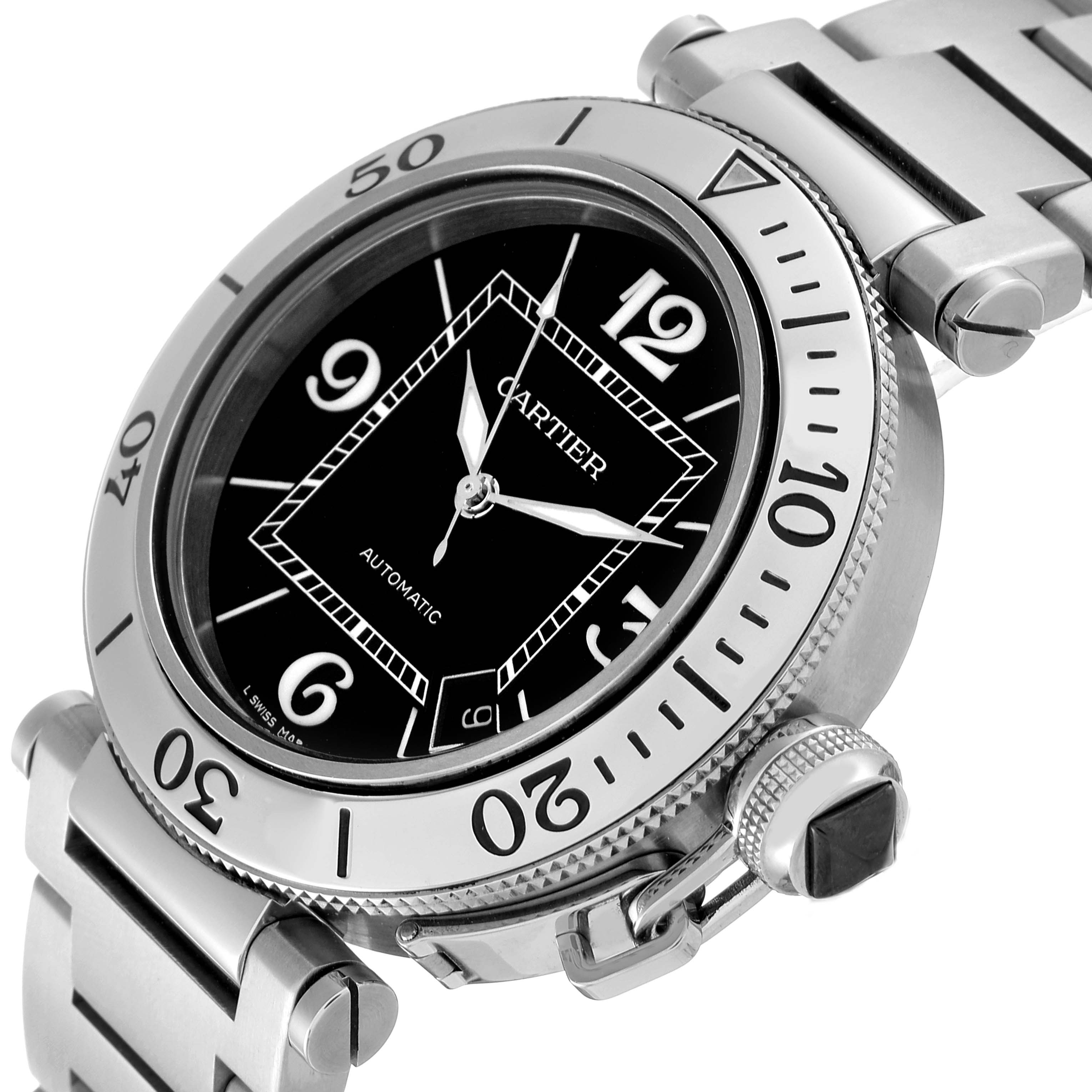 This image shows a close-up of the Cartier Pasha W31077M7 Men's Stainless Steel Black Dial W31077M7 Men's Stainless Steel Black Dial watch, displaying its bezel, dial, hands, and part of the bracelet.