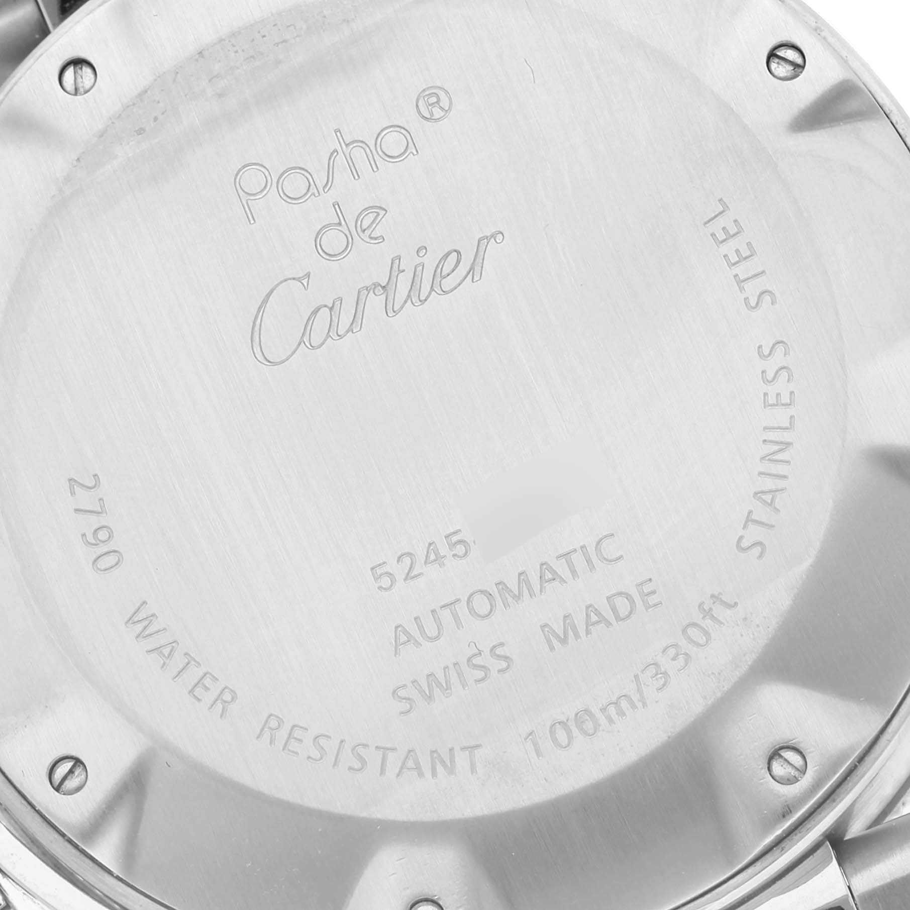 This image shows the back case of a Cartier Pasha W31077M7 Men's Stainless Steel Black Dial W31077M7 Men's Stainless Steel Black Dial model watch, highlighting its engravings and details.