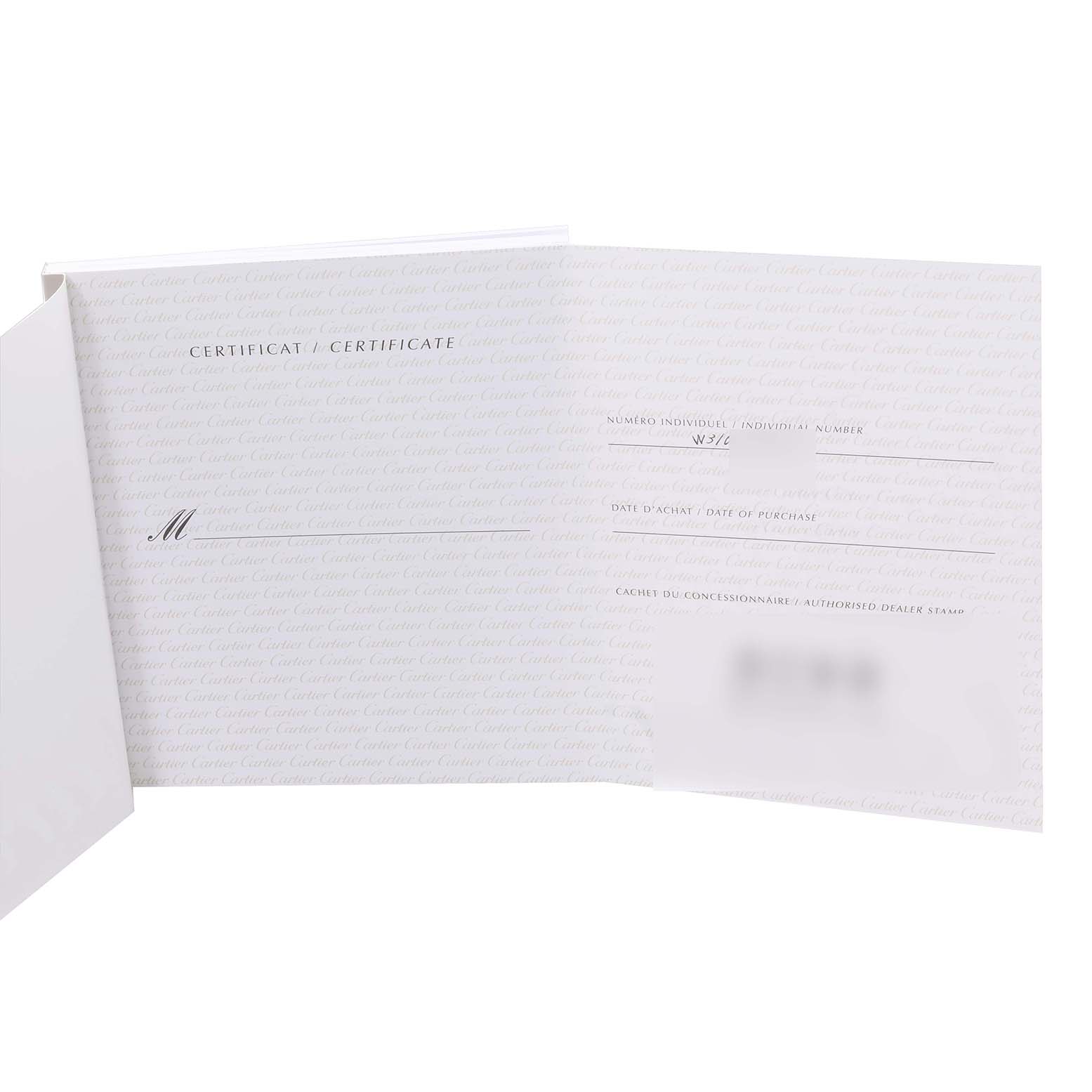 This image shows an open certificate booklet for the Cartier Pasha W31077M7 Men's Stainless Steel Black Dial W31077M7 Men's Stainless Steel Black Dial watch model.