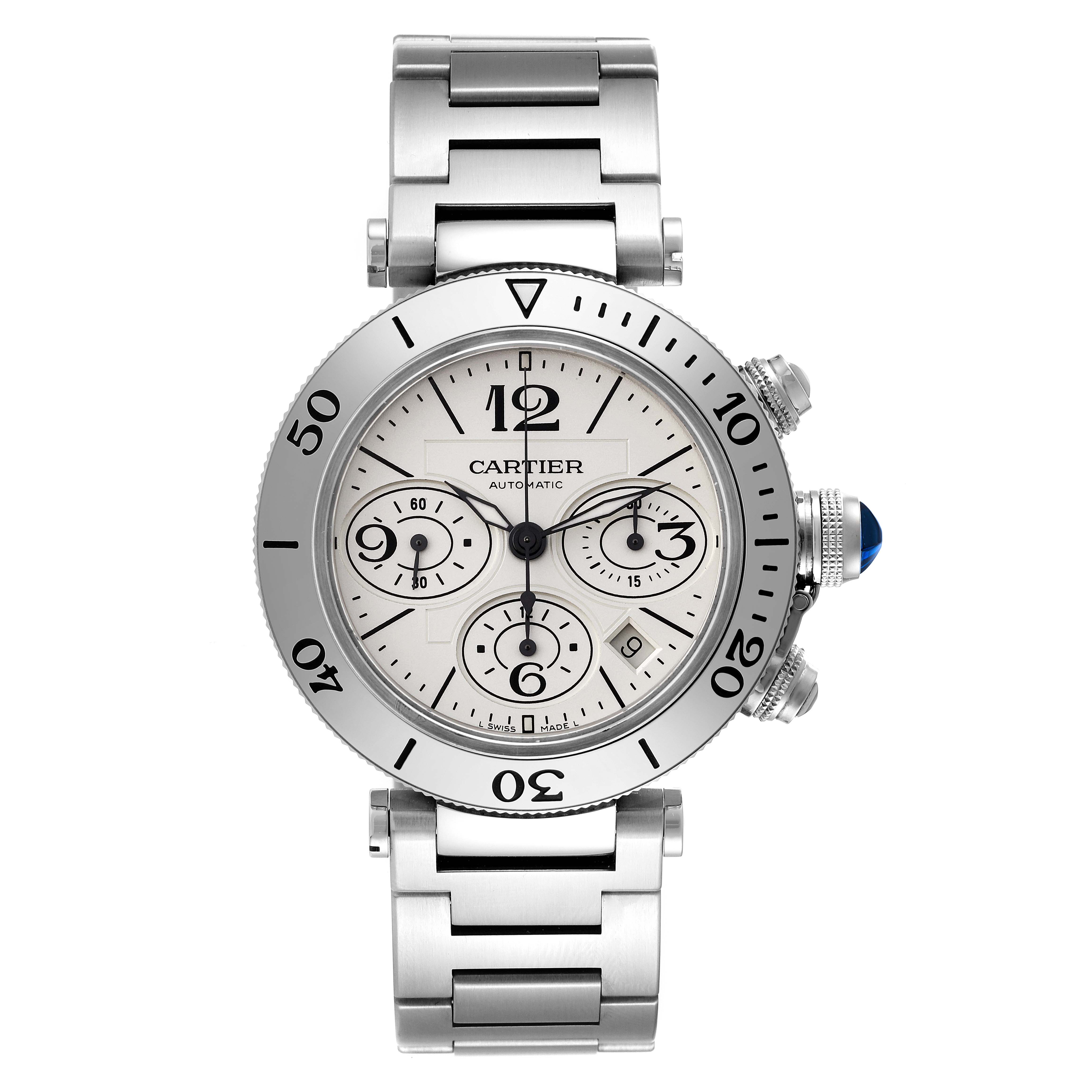 The image shows a full frontal view of the Cartier Pasha W31089M7 Men
s Stainless Steel Silver Dial W31089M7 Men
s Stainless Steel Silver Dial watch, including its dial, bezel, bracelet, and crown.