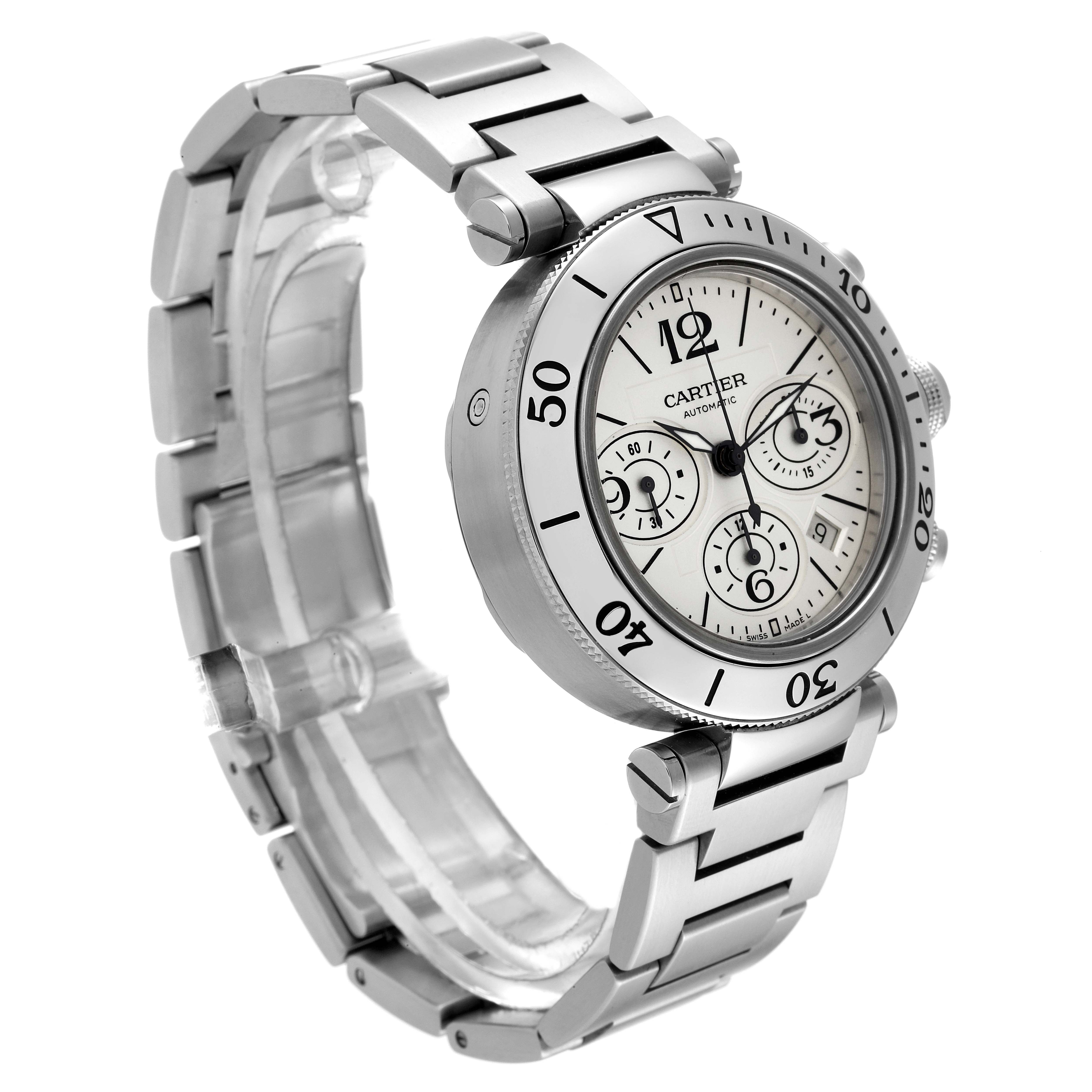 The image shows a side angle of a Cartier Pasha W31089M7 Men
s Stainless Steel Silver Dial W31089M7 Men
s Stainless Steel Silver Dial watch, highlighting the bezel, dial, and metal bracelet.