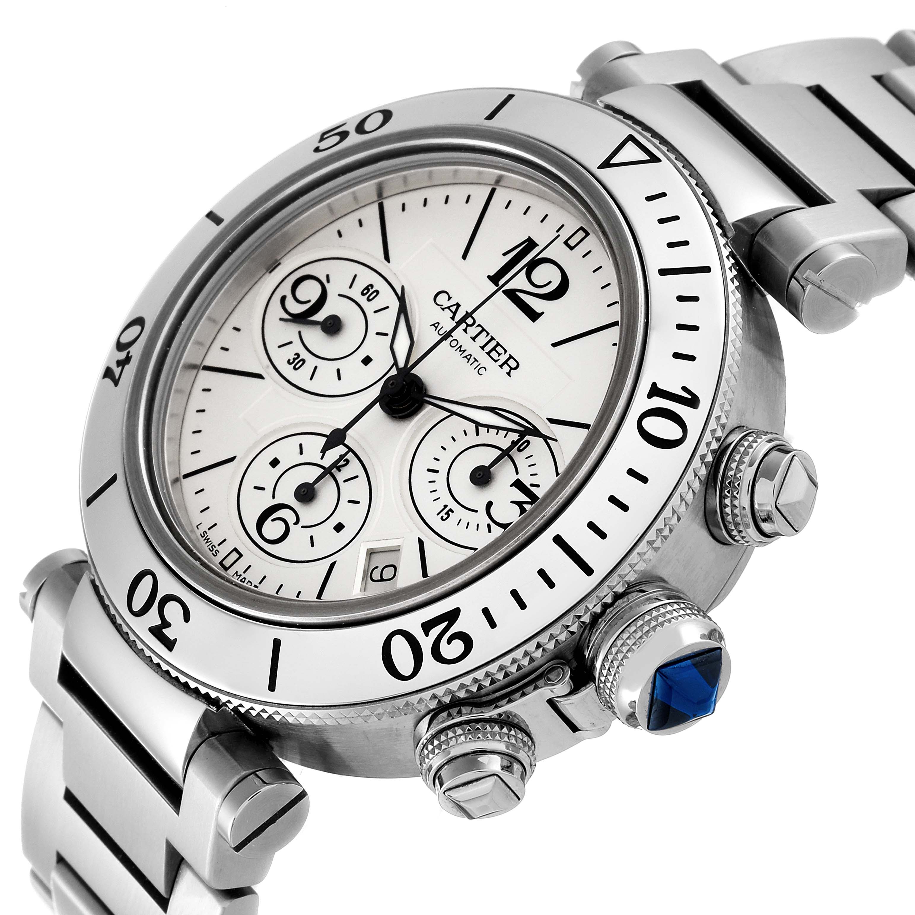 This image shows a close-up, angled view of a Cartier Pasha W31089M7 Men
s Stainless Steel Silver Dial W31089M7 Men
s Stainless Steel Silver Dial watch, highlighting the bezel, dial, crown, and part of the bracelet.