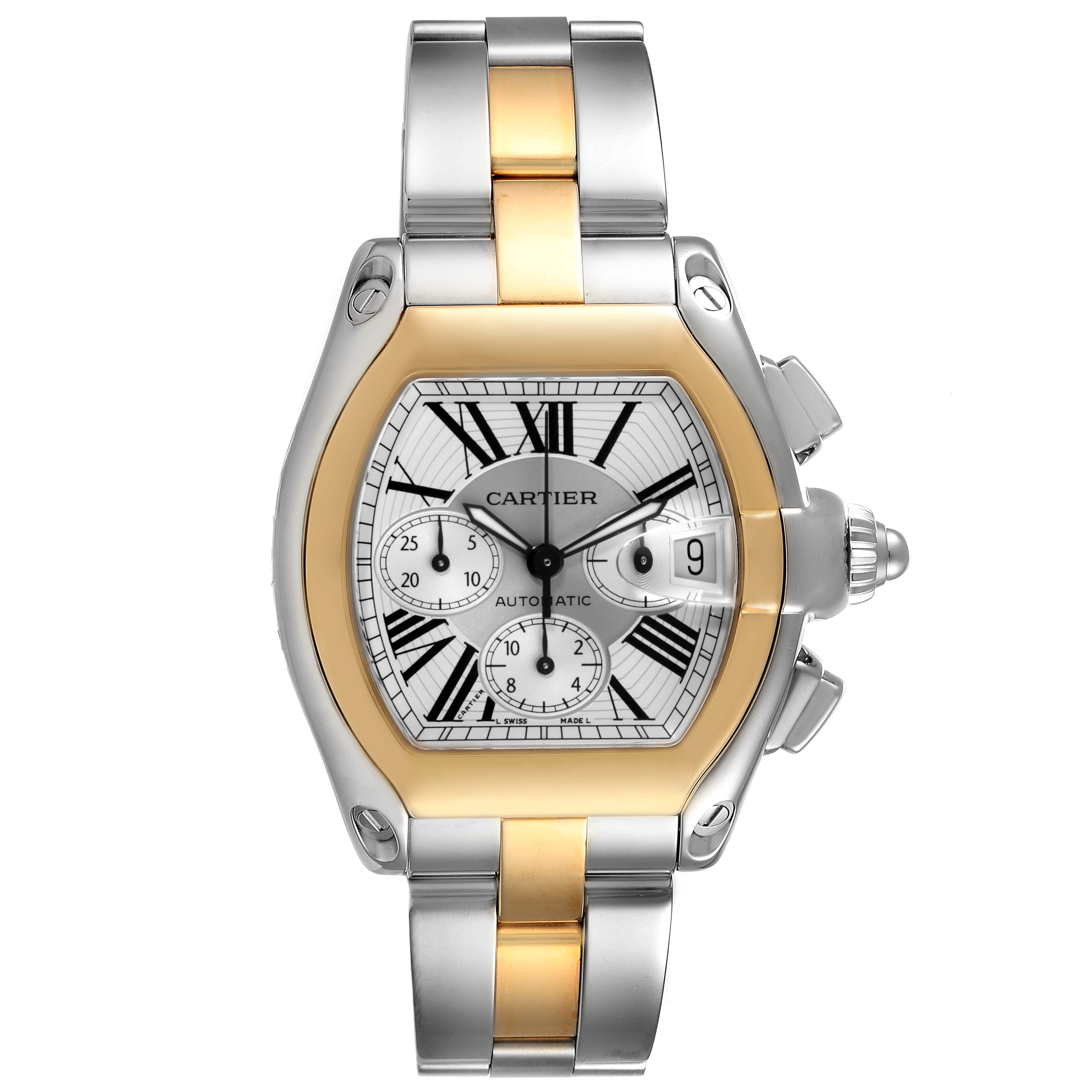 The image shows a front view of the Cartier Roadster W62027Z1 Men's Steel and Gold (two tone) Silver Dial W62027Z1 Men's Steel and Gold (two tone) Silver Dial watch, highlighting its dial, bracelet, and date window.