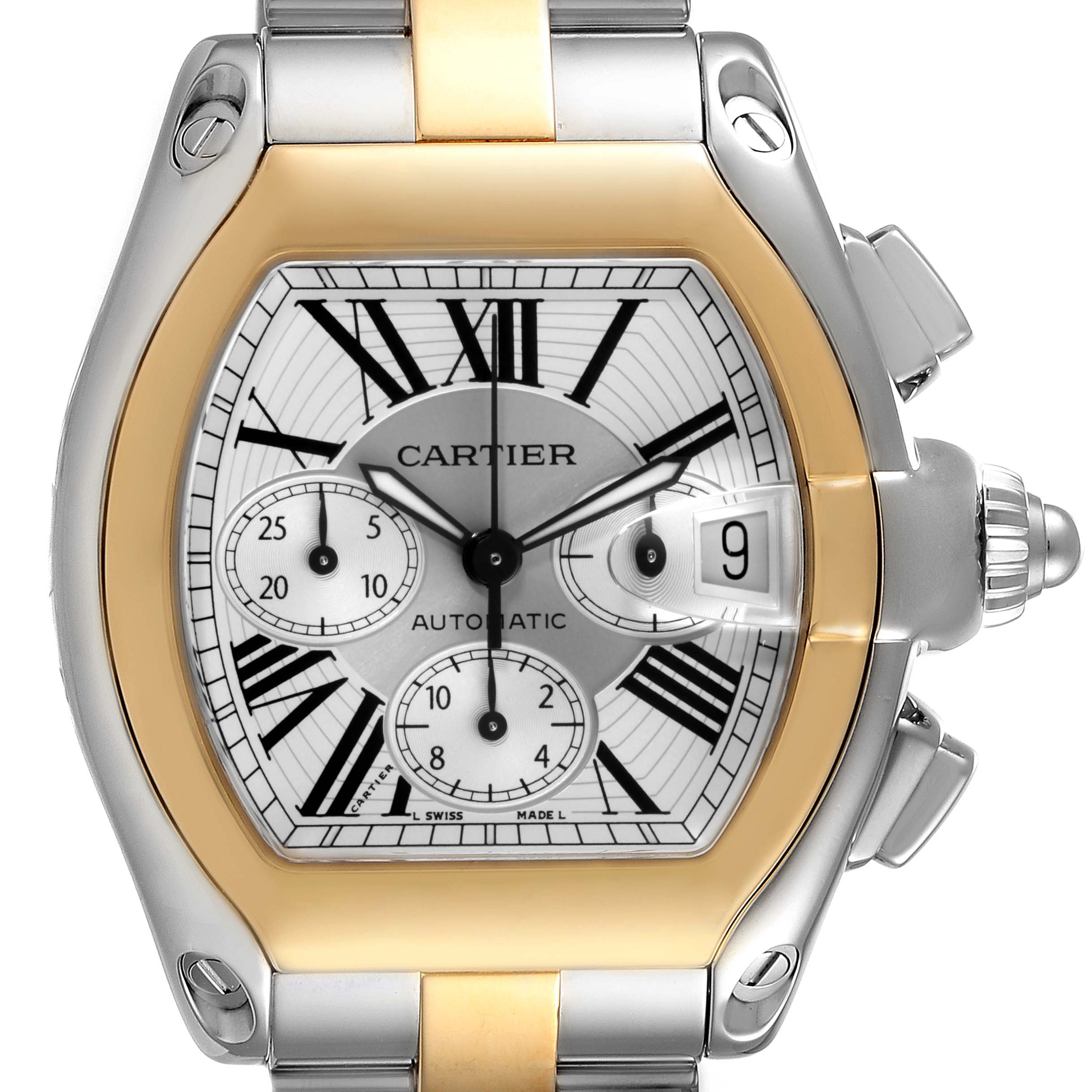 This image shows a front view of the Cartier Roadster W62027Z1 Men's Steel and Gold (two tone) Silver Dial W62027Z1 Men's Steel and Gold (two tone) Silver Dial watch, highlighting its dial, case, and part of the bracelet.