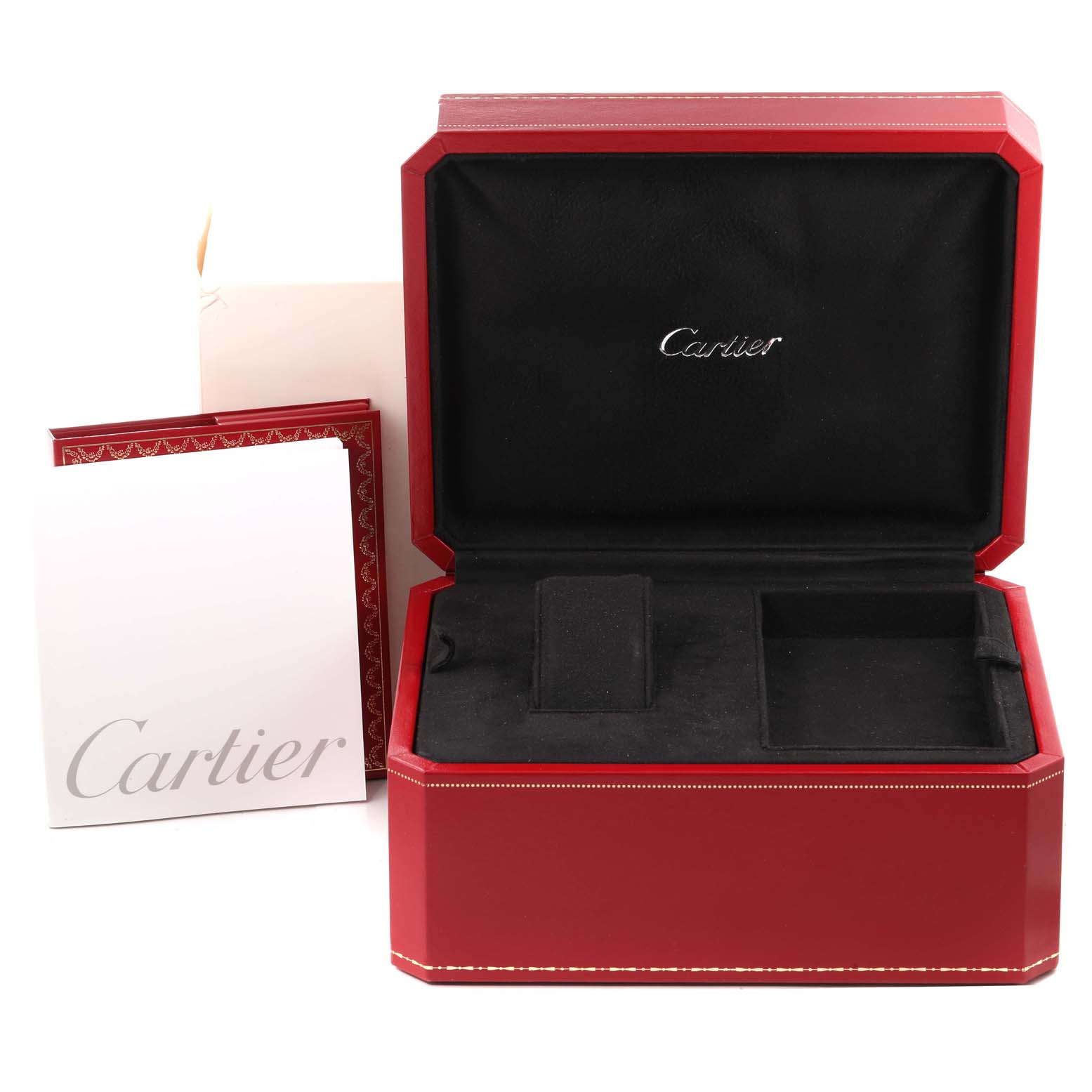The image shows an open red Cartier Roadster W62027Z1 Men's Steel and Gold (two tone) Silver Dial W62027Z1 Men's Steel and Gold (two tone) Silver Dial watch box, displaying its interior compartments and a "Cartier" booklet.