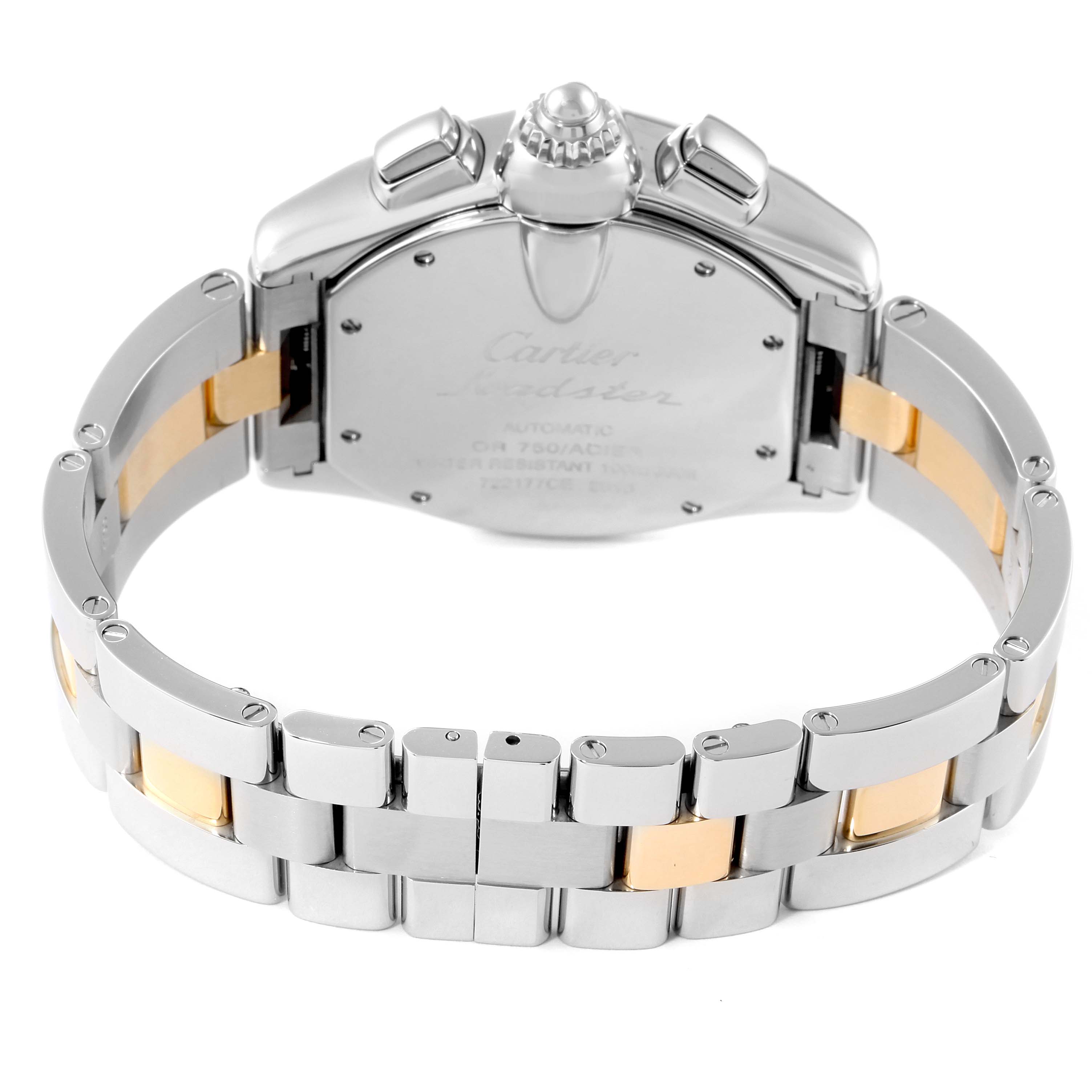 The image shows the back and bracelet of the Cartier Roadster W62027Z1 Men's Steel and Gold (two tone) Silver Dial W62027Z1 Men's Steel and Gold (two tone) Silver Dial watch, highlighting its metal links and clasp.