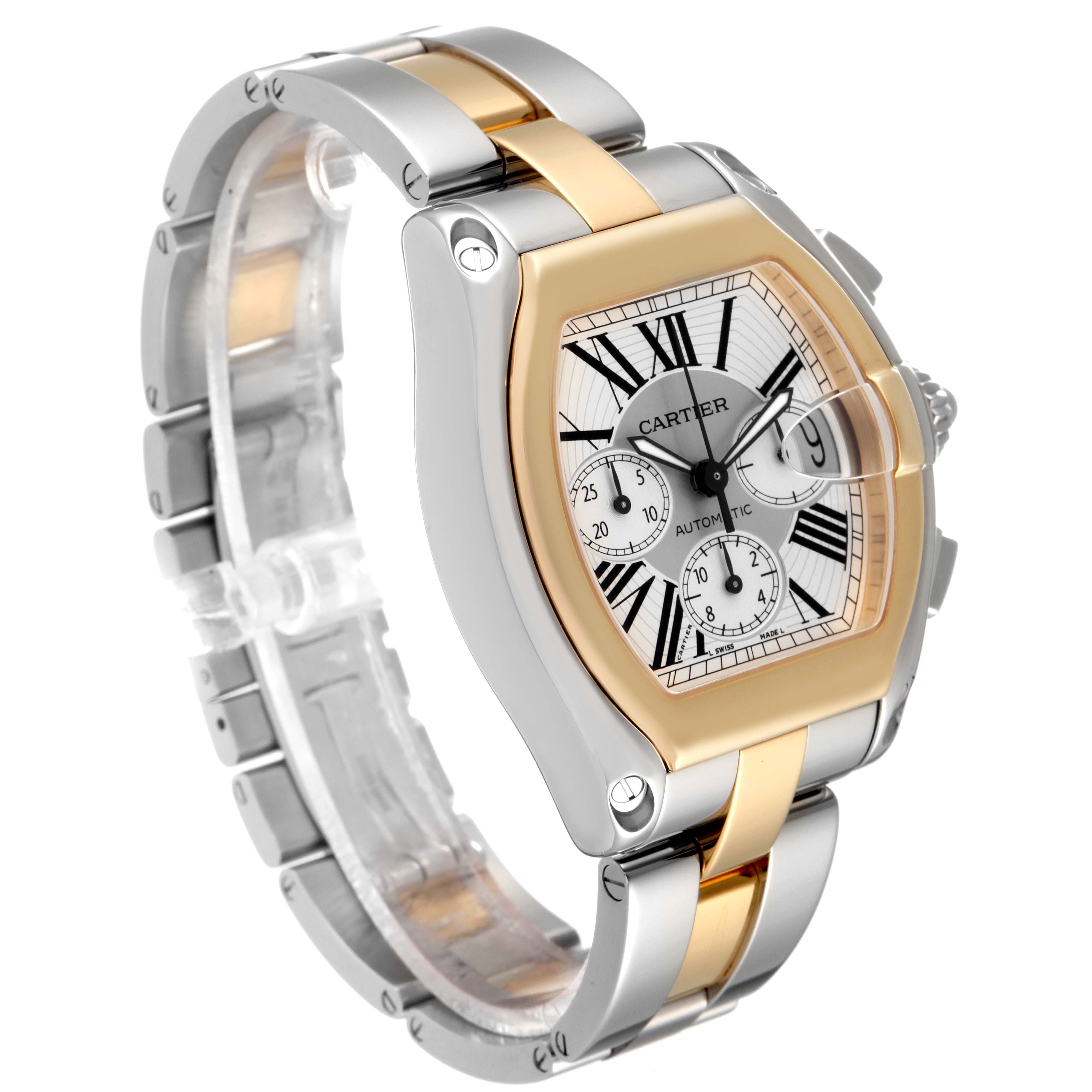 This image shows a side and slightly oblique view of the Cartier Roadster W62027Z1 Men's Steel and Gold (two tone) Silver Dial W62027Z1 Men's Steel and Gold (two tone) Silver Dial model watch, highlighting the face and band.