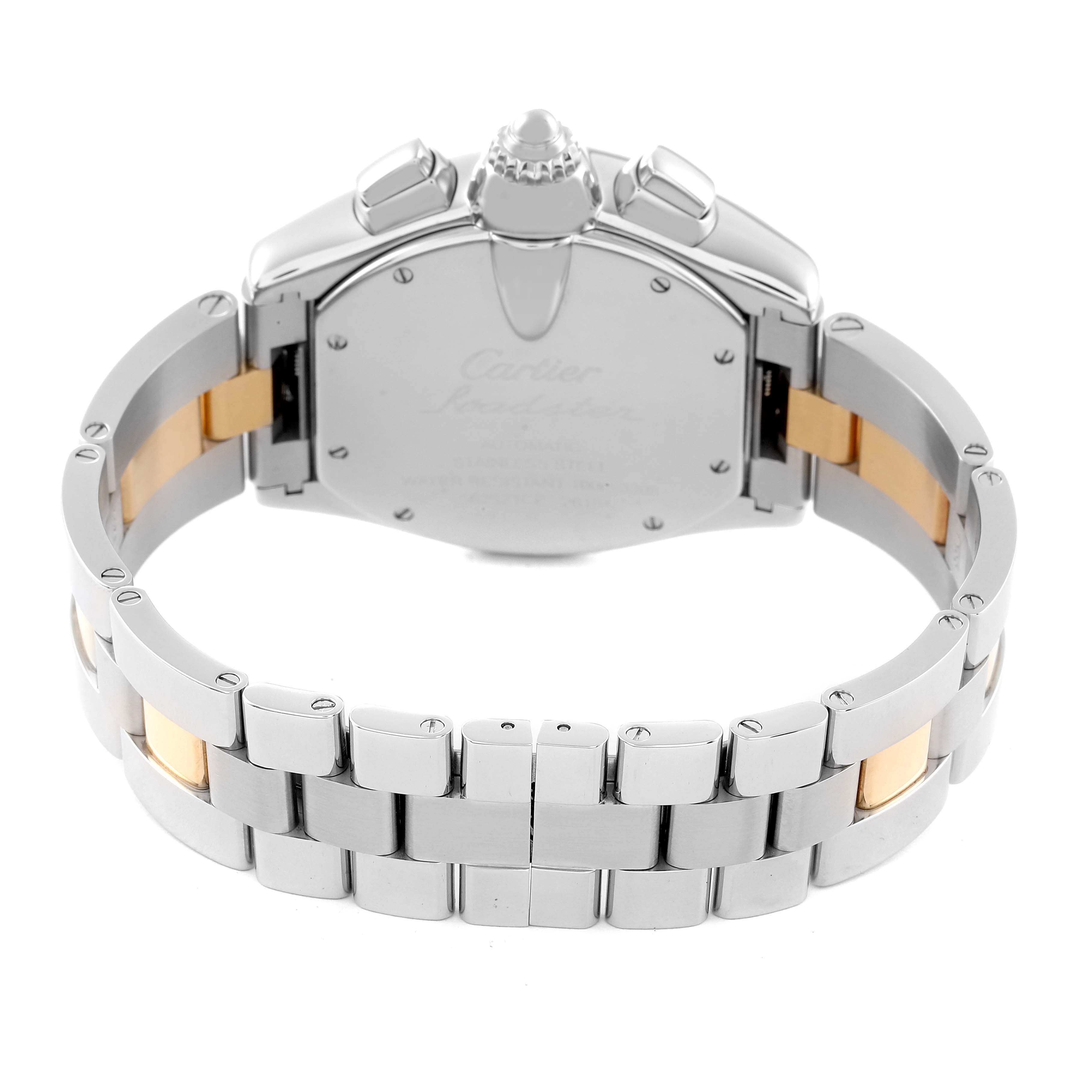 The image shows the back and bracelet of a Cartier Roadster W62027Z1 Men's Steel and Gold (two tone) Silver Dial W62027Z1 Men's Steel and Gold (two tone) Silver Dial watch, highlighting its metallic finish and two-tone design.