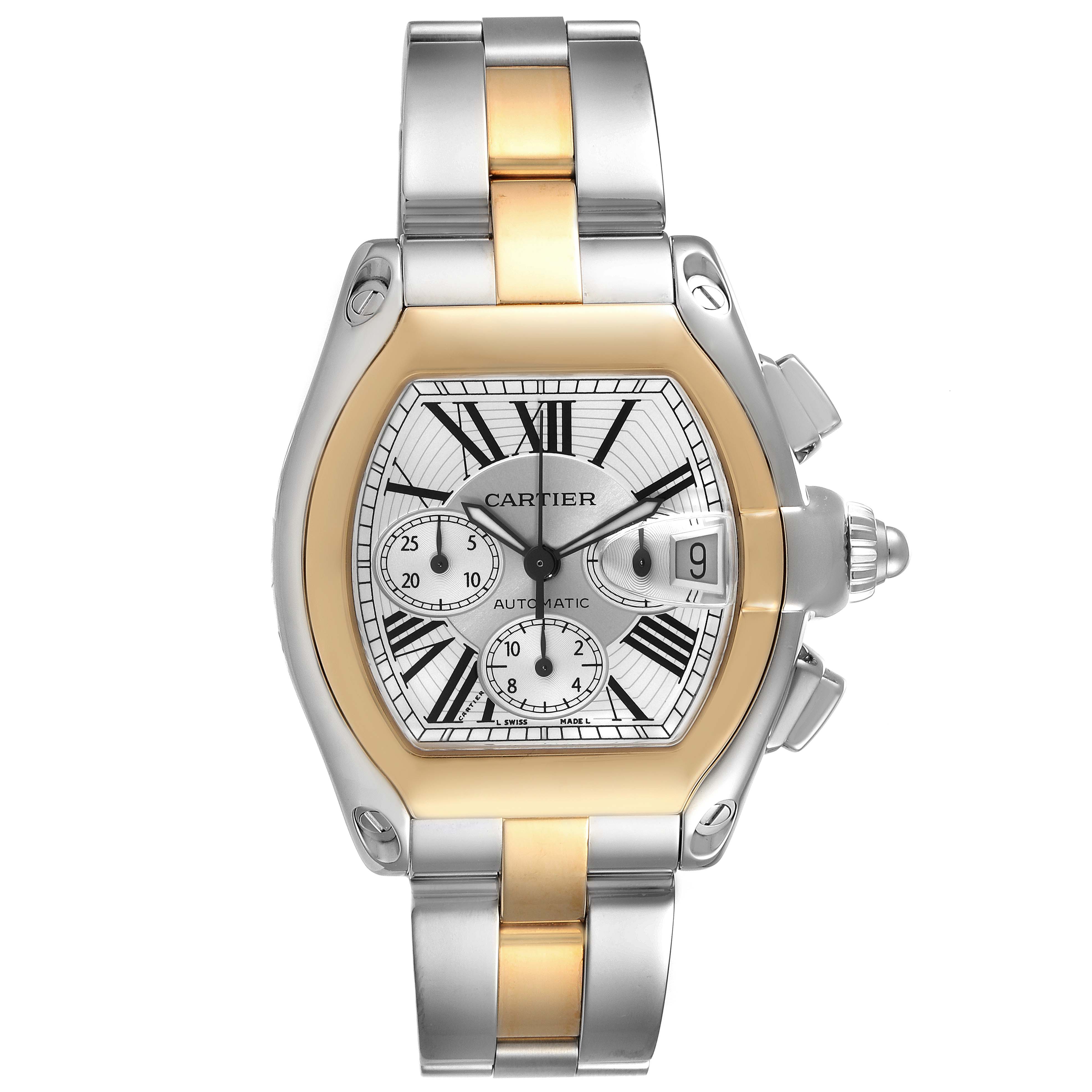 This image shows a front view of a Cartier Roadster W62027Z1 Men's Steel and Gold (two tone) Silver Dial W62027Z1 Men's Steel and Gold (two tone) Silver Dial watch, highlighting the face, two-tone metal bracelet, and dials.