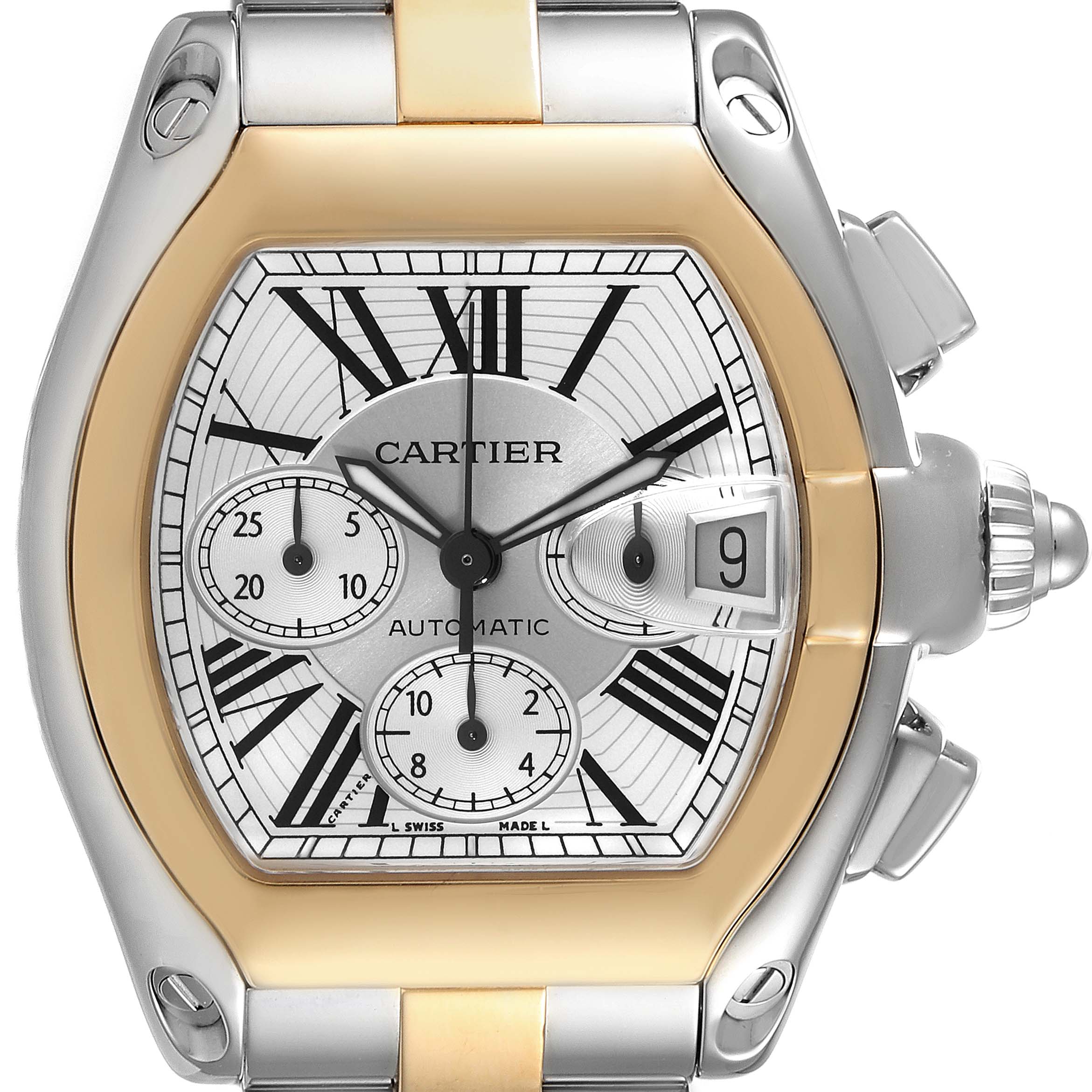 The image shows a Cartier Roadster W62027Z1 Men's Steel and Gold (two tone) Silver Dial W62027Z1 Men's Steel and Gold (two tone) Silver Dial model watch from a front angle, highlighting the dial, subdials, and part of the bracelet.