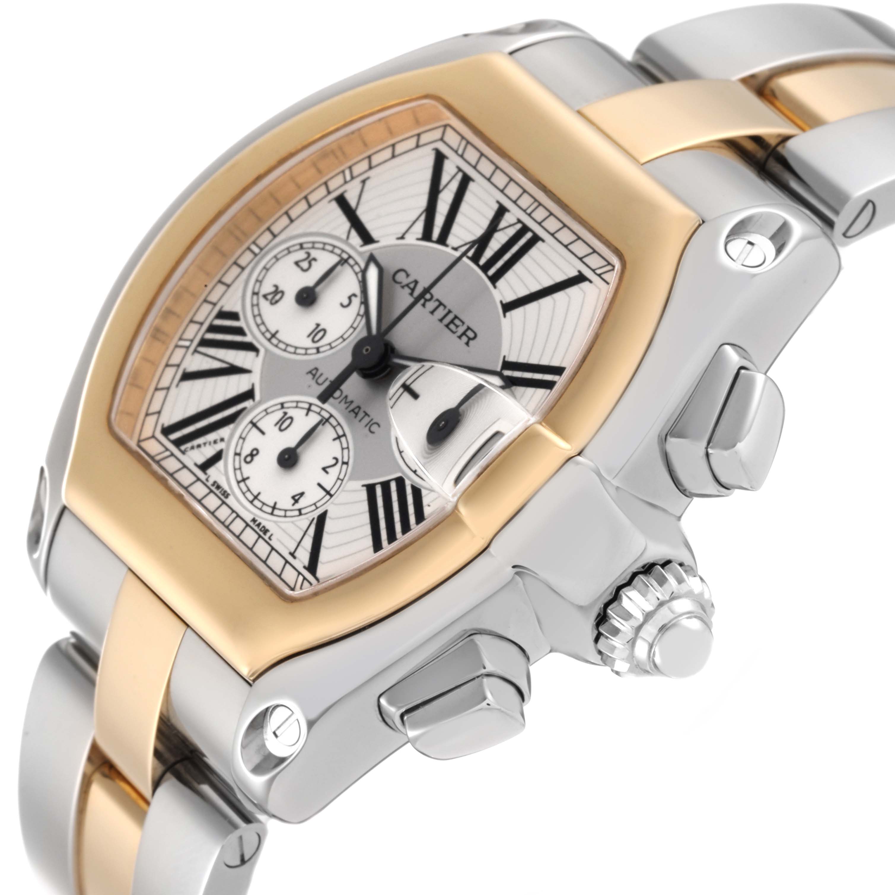 The image shows a close-up angle of the Cartier Roadster W62027Z1 Men's Steel and Gold (two tone) Silver Dial W62027Z1 Men's Steel and Gold (two tone) Silver Dial watch, highlighting its dial, crown, and part of the bracelet.