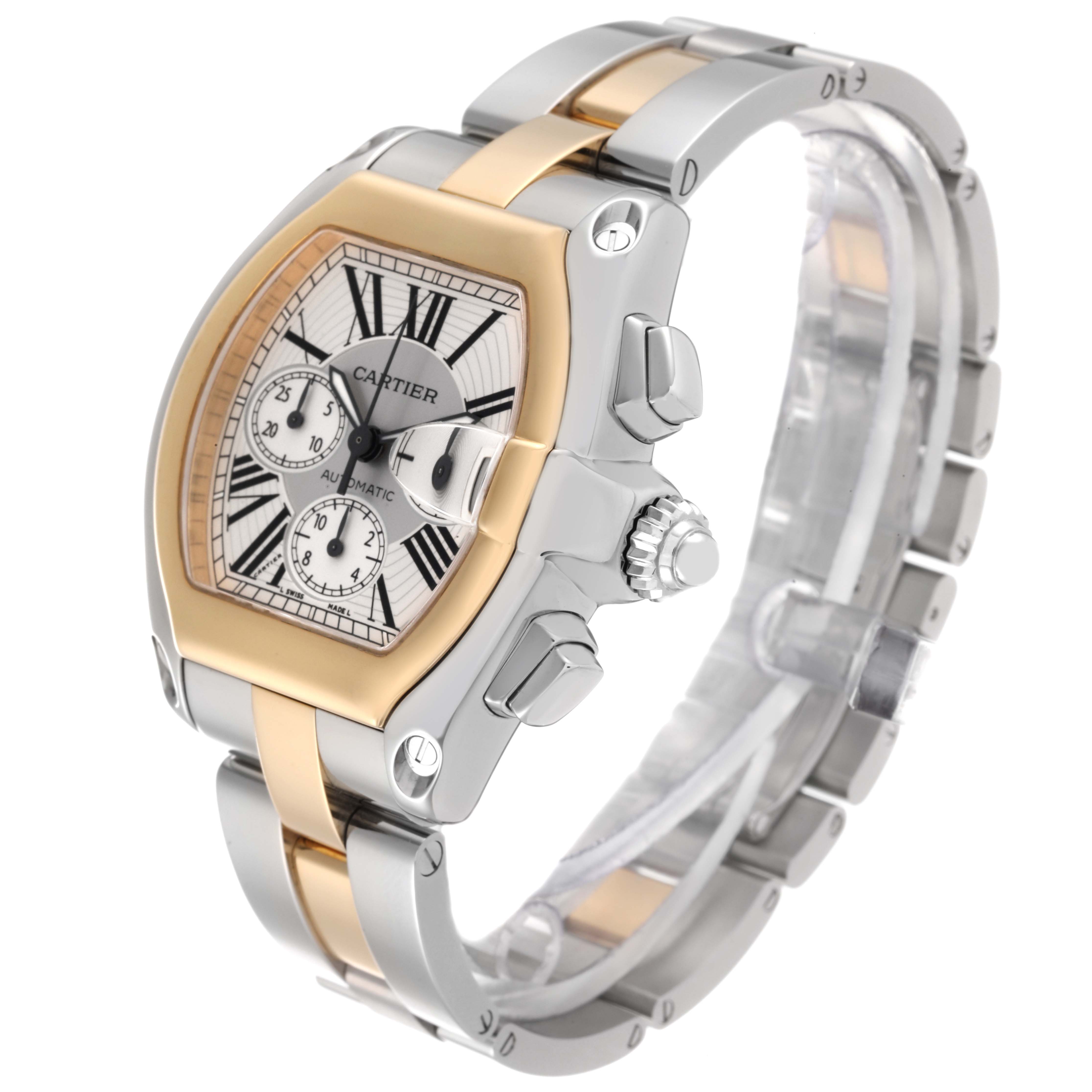 This image shows a Cartier Roadster W62027Z1 Men's Steel and Gold (two tone) Silver Dial W62027Z1 Men's Steel and Gold (two tone) Silver Dial watch at an angle showcasing its face, crown, and part of its two-tone bracelet.