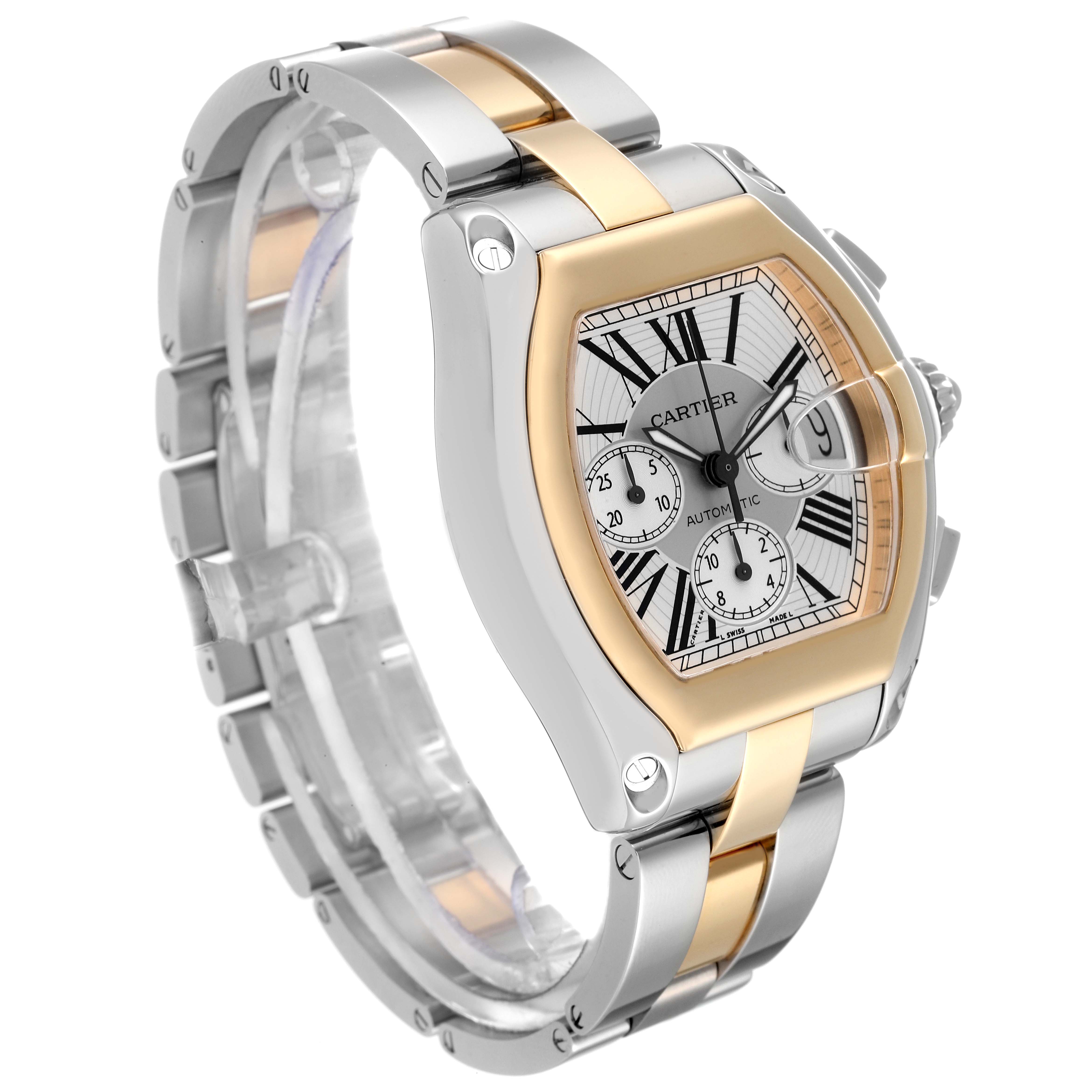 This image shows a Cartier Roadster W62027Z1 Men's Steel and Gold (two tone) Silver Dial W62027Z1 Men's Steel and Gold (two tone) Silver Dial watch from an angled side view, highlighting the dial, strap, and bezel.