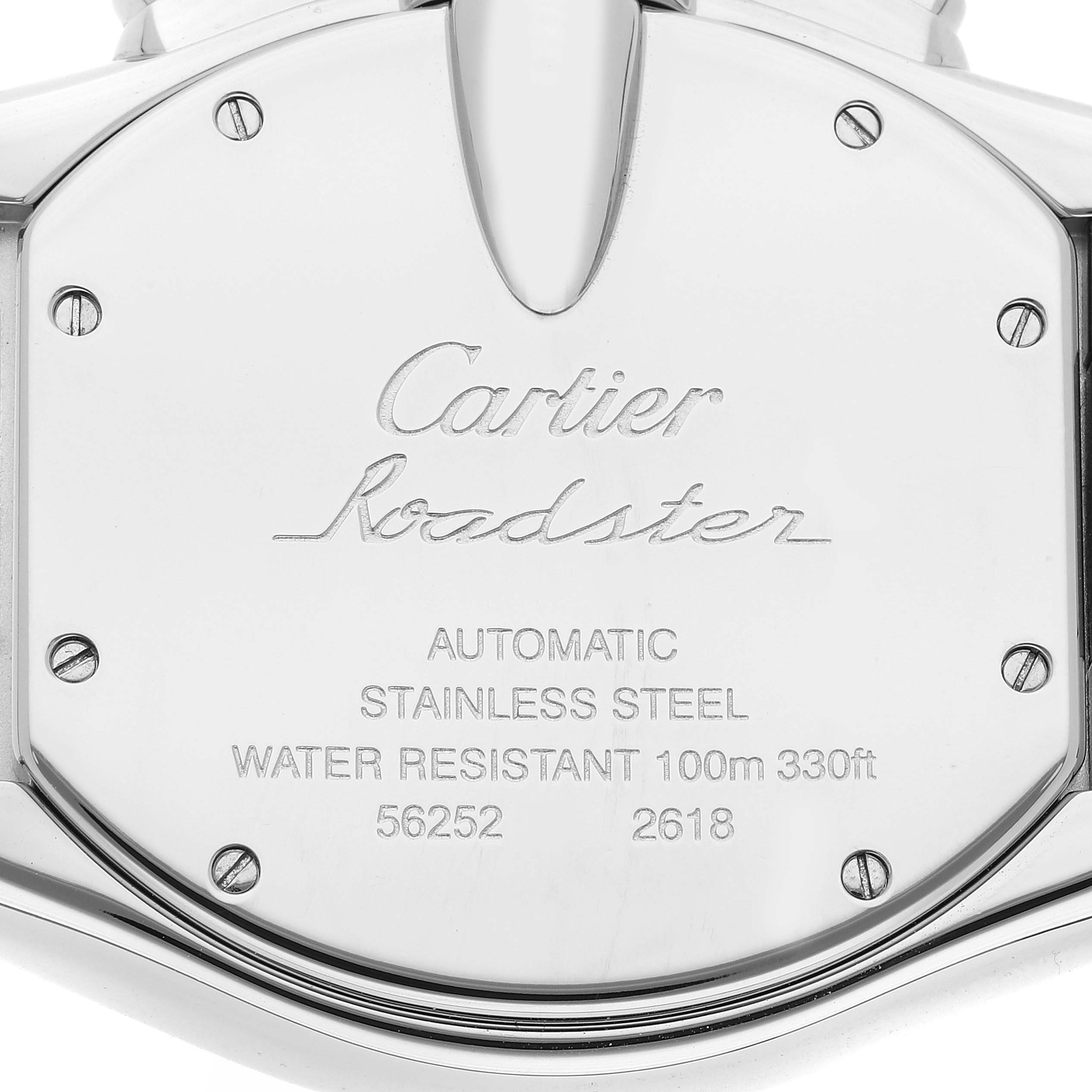 The image shows the case back of a Cartier Roadster W62027Z1 Men's Steel and Gold (two tone) Silver Dial W62027Z1 Men's Steel and Gold (two tone) Silver Dial watch.