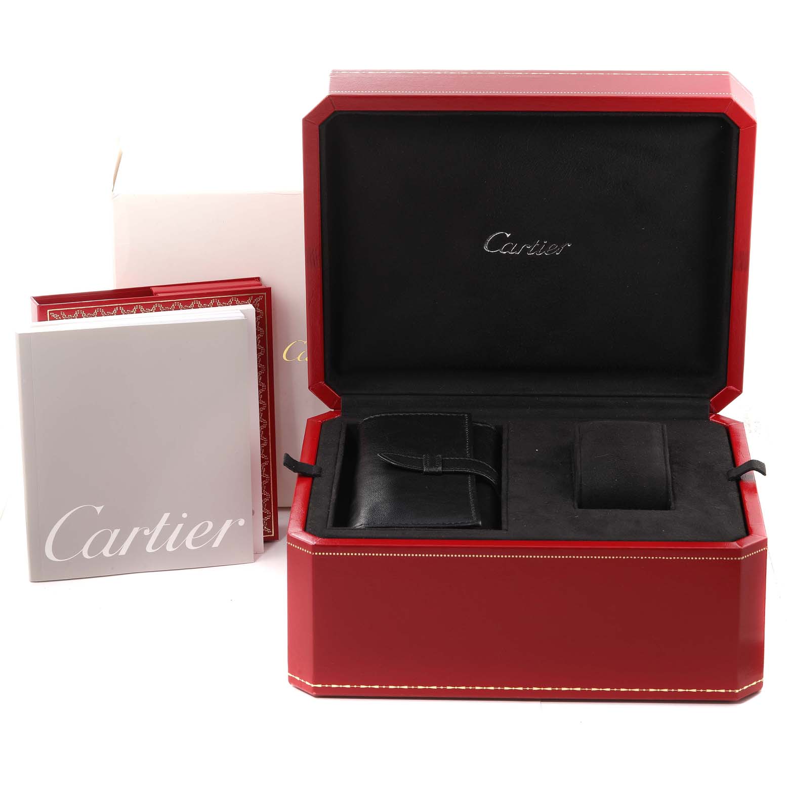 This image shows the packaging of a Cartier Roadster W62027Z1 Men's Steel and Gold (two tone) Silver Dial W62027Z1 Men's Steel and Gold (two tone) Silver Dial with its open box, paperwork, and storage accessories.