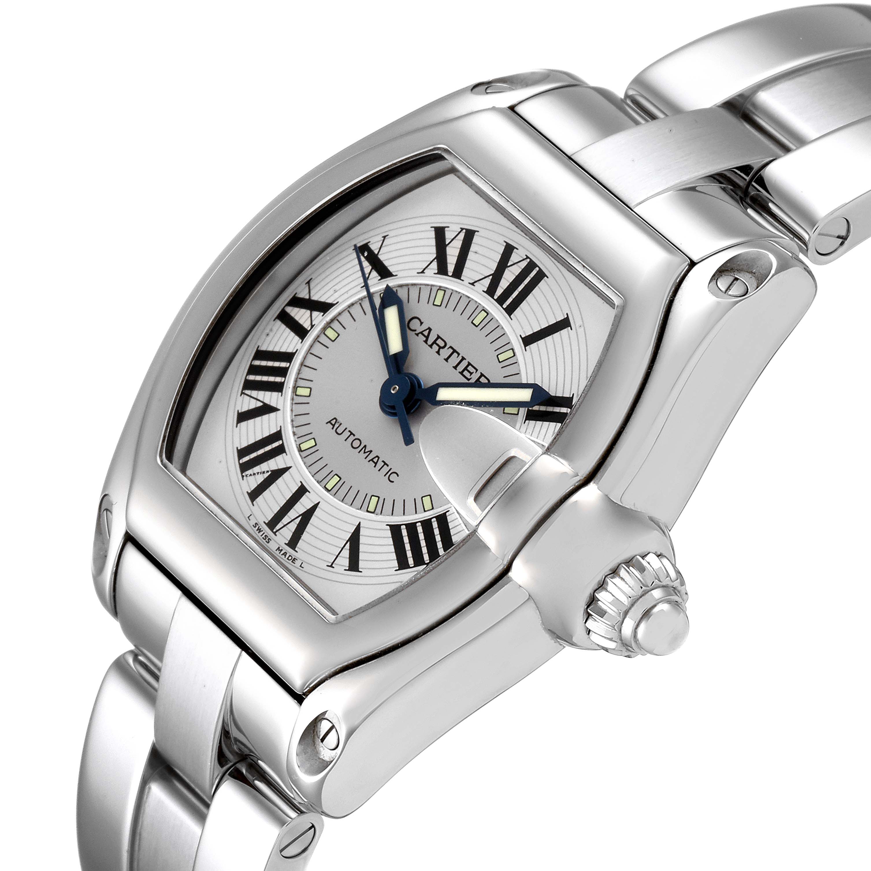 The Cartier Roadster W62000V3 Men
s Stainless Steel Silver Dial W62000V3 Men
s Stainless Steel Silver Dial watch is shown from an angled close-up, displaying its dial, crown, case, and a portion of the bracelet.