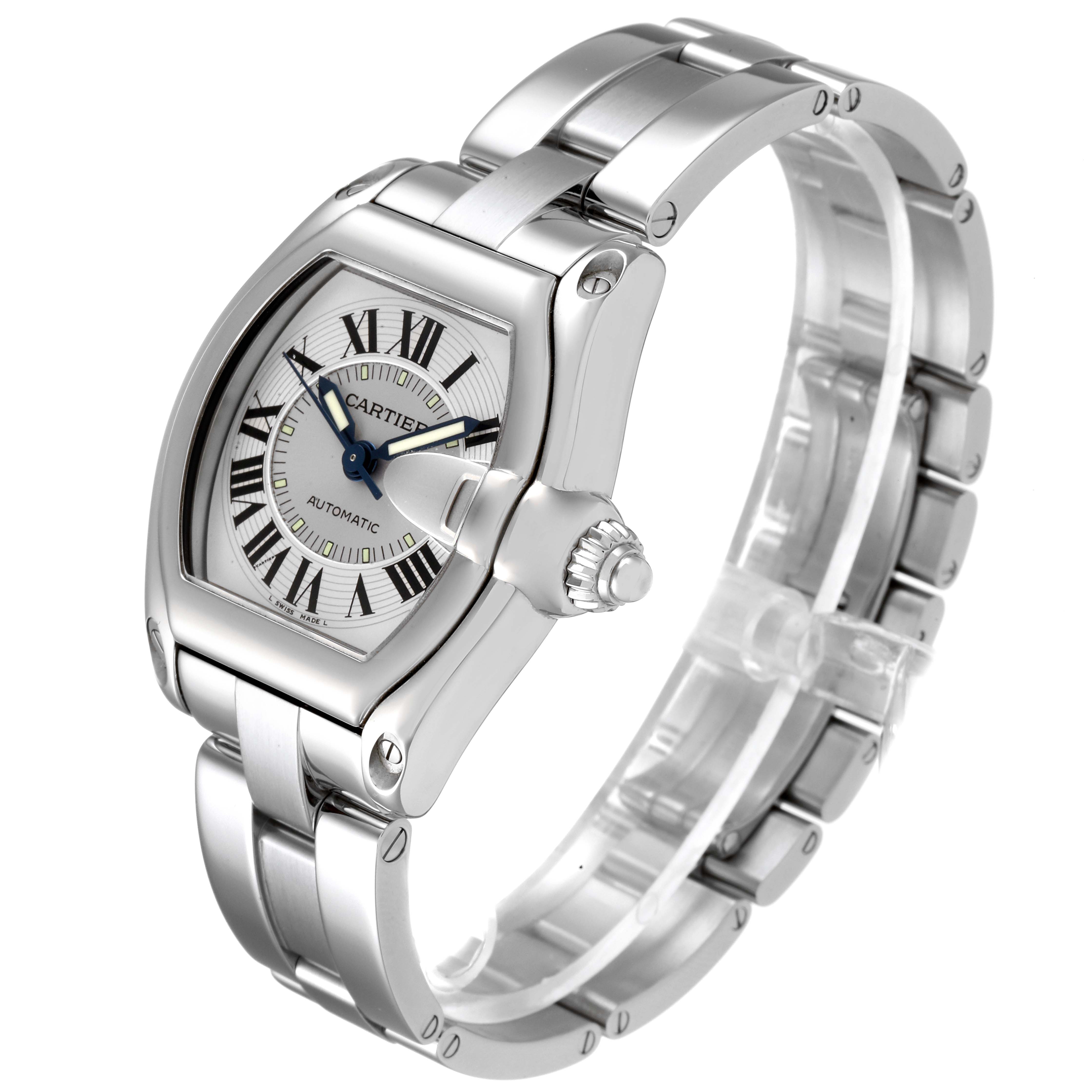 The image shows a Cartier Roadster W62000V3 Men
s Stainless Steel Silver Dial W62000V3 Men
s Stainless Steel Silver Dial model watch from a front-side angle, displaying its face, bezel, and metal bracelet.
